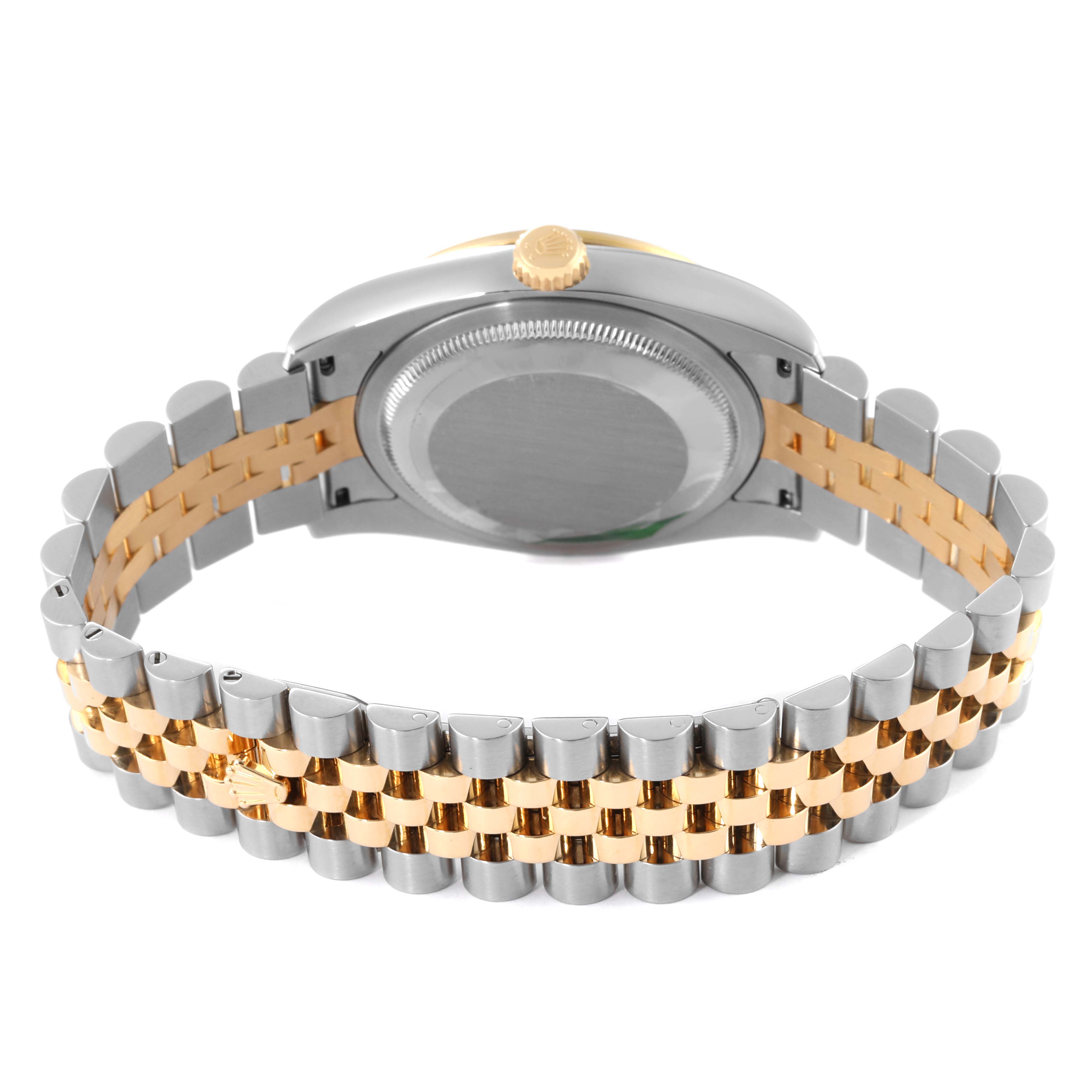 This image shows the back and bracelet of the Rolex Datejust 116243 Men's Steel and Gold (two tone) Black Dial 116243 Men's Steel and Gold (two tone) Black Dial watch, highlighting its two-tone metal design.