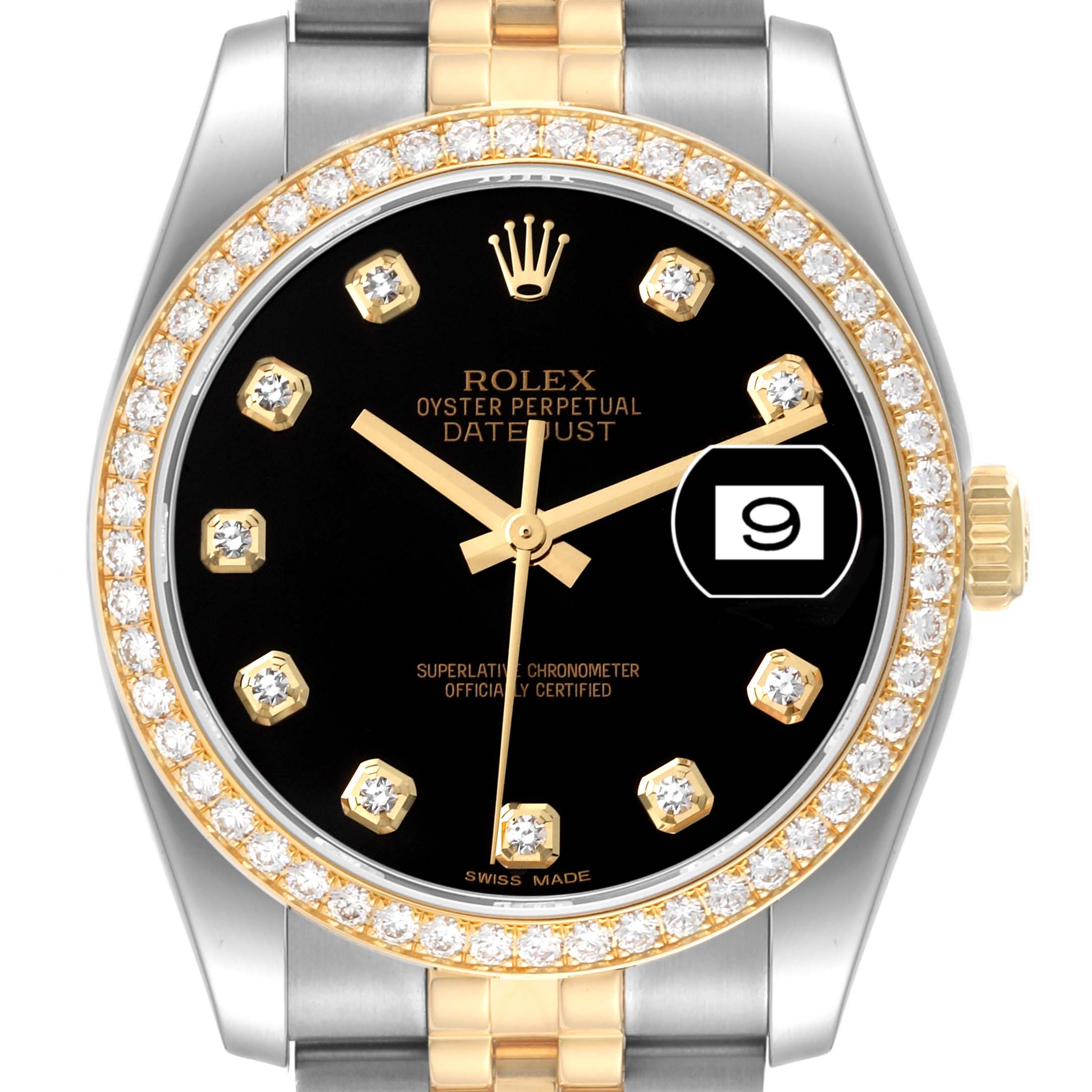 The image shows a front view of the Rolex Datejust 116243 Men's Steel and Gold (two tone) Black Dial 116243 Men's Steel and Gold (two tone) Black Dial watch, highlighting its black dial, diamond hour markers, and two-tone bracelet.