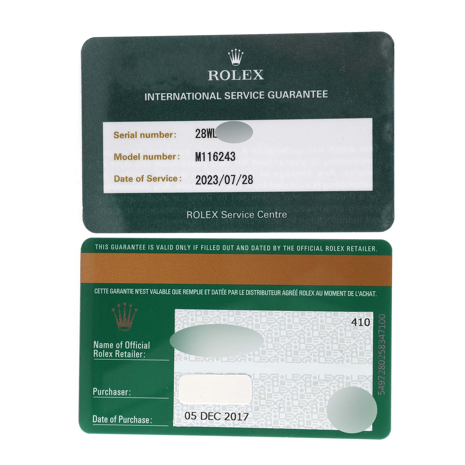 The image shows the International Service Guarantee and warranty card for a Rolex Datejust 116243 Men's Steel and Gold (two tone) Black Dial 116243 Men's Steel and Gold (two tone) Black Dial model M116243.