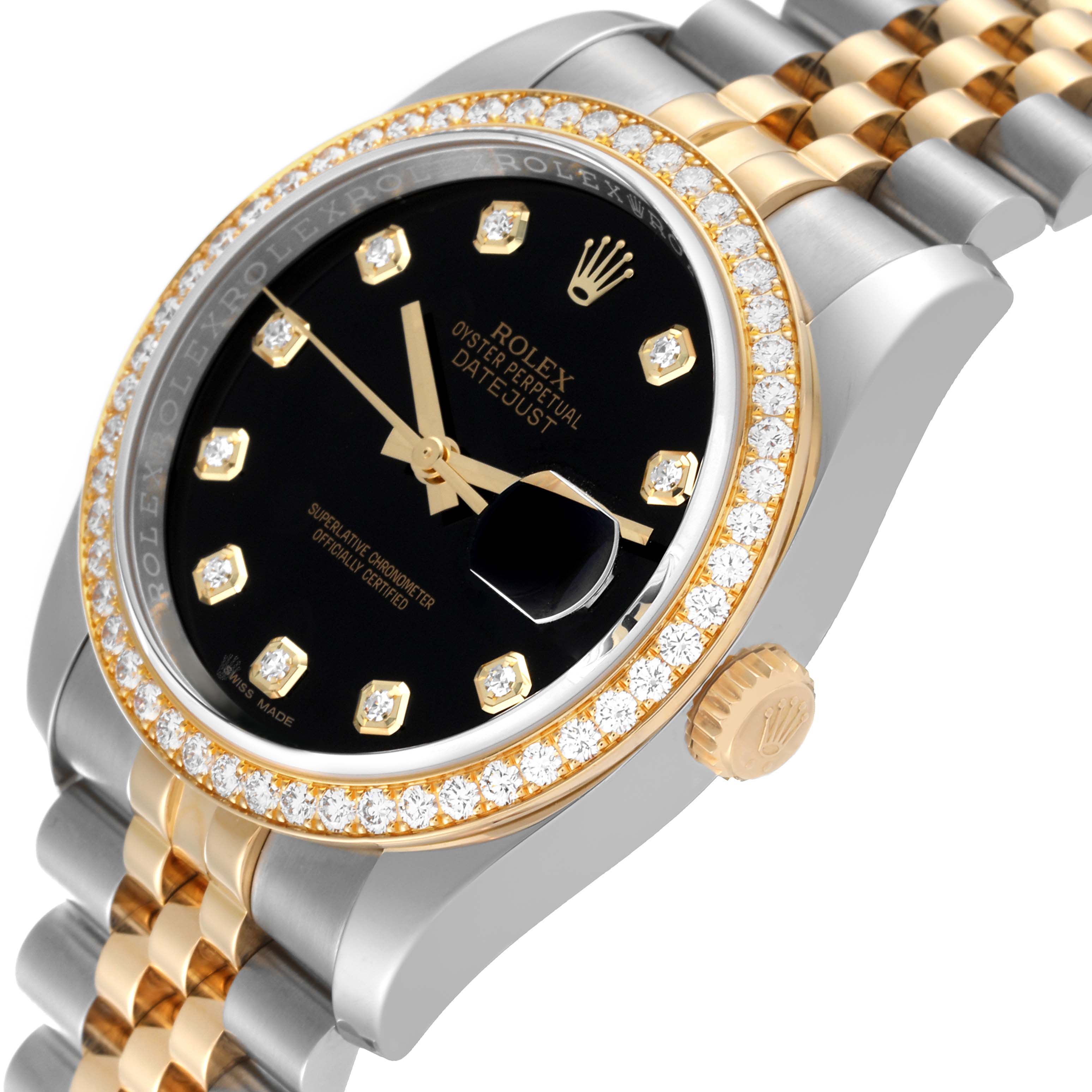 This is a close-up angle of the Rolex Datejust 116243 Men's Steel and Gold (two tone) Black Dial 116243 Men's Steel and Gold (two tone) Black Dial watch, showing the dial, bezel, crown, and part of the bracelet.