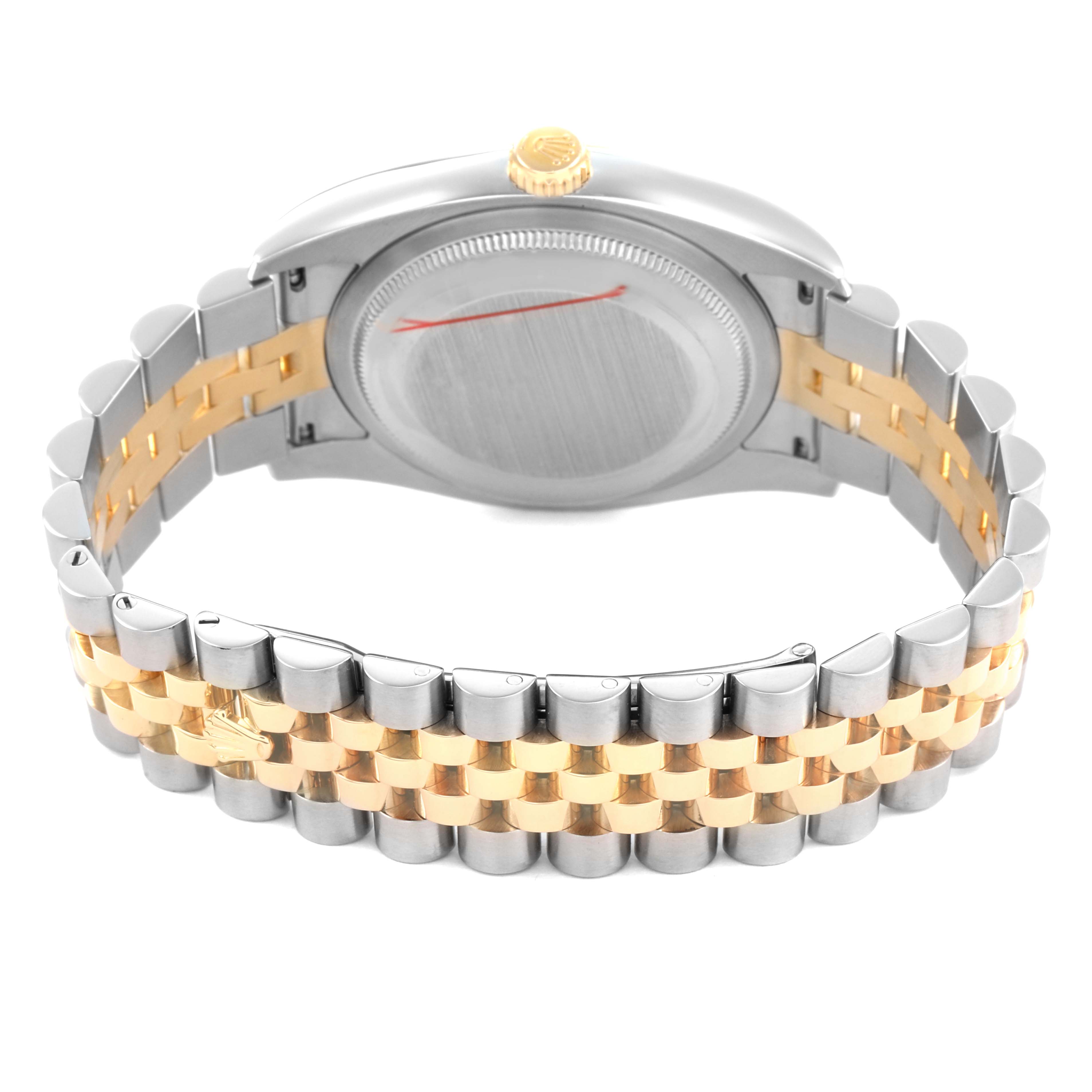 The image shows the back of a Rolex Datejust 116233 Men's Steel and Gold (two tone) Champagne Dial, highlighting the case back, crown, and two-tone bracelet.
