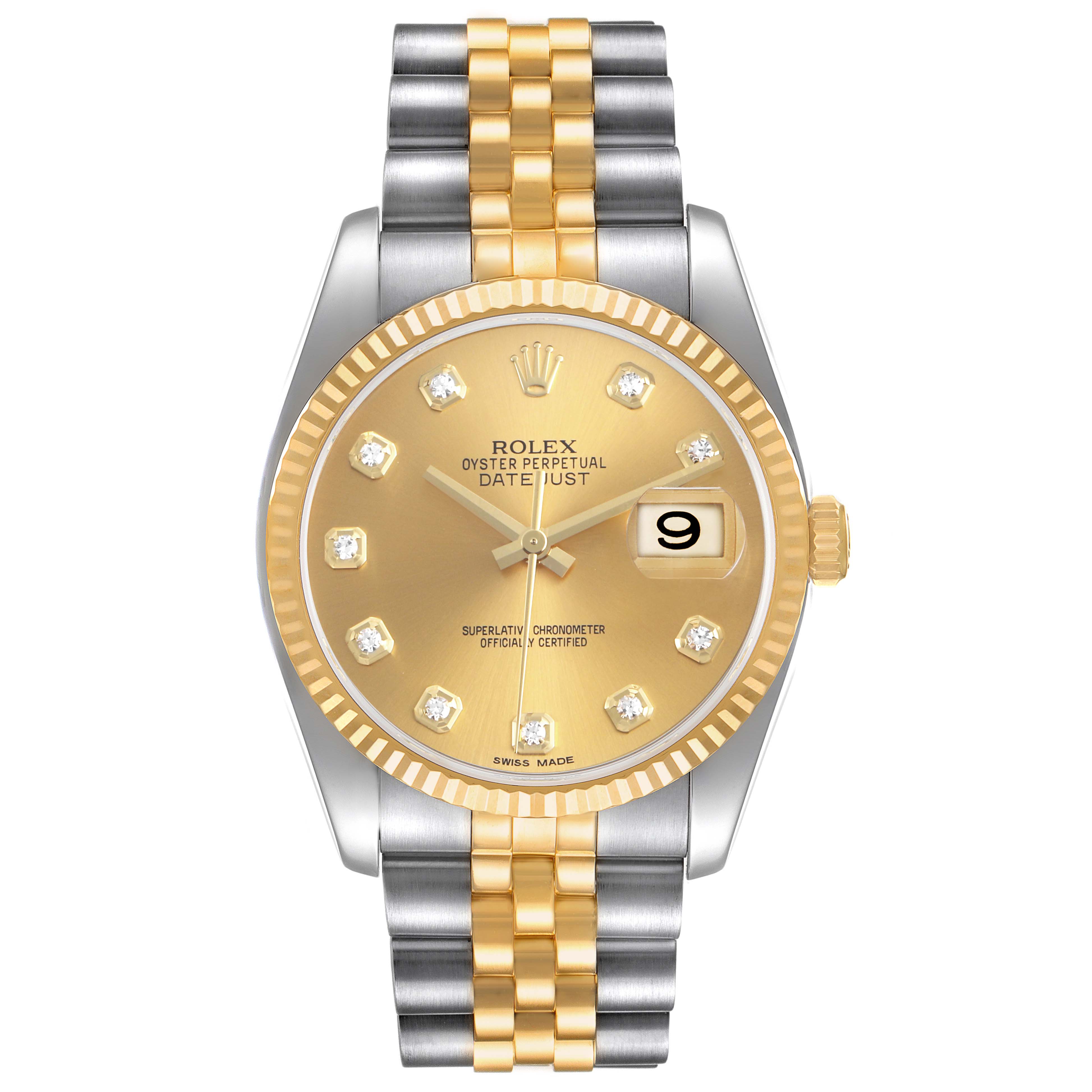 The Rolex Datejust 116233 Men's Steel and Gold (two tone) Champagne Dial watch is shown front-on, highlighting its gold dial, diamond hour markers, and two-tone bracelet.