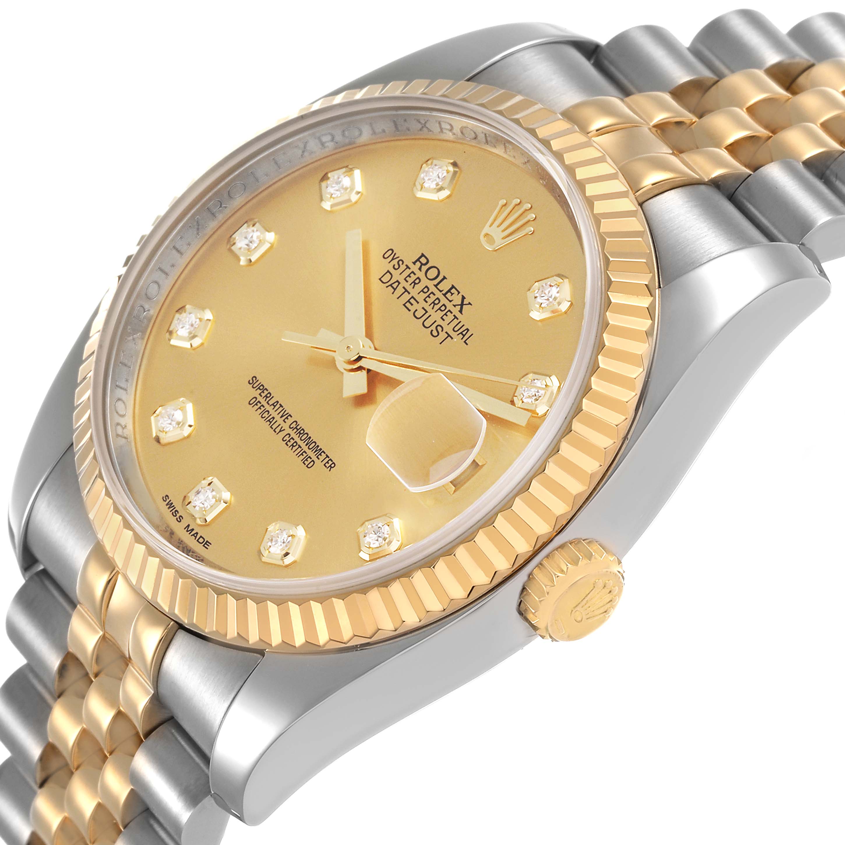 The Rolex Datejust 116233 Men's Steel and Gold (two tone) Champagne Dial watch is shown at an angled side view, highlighting the bezel, crown, dial, and bracelet.