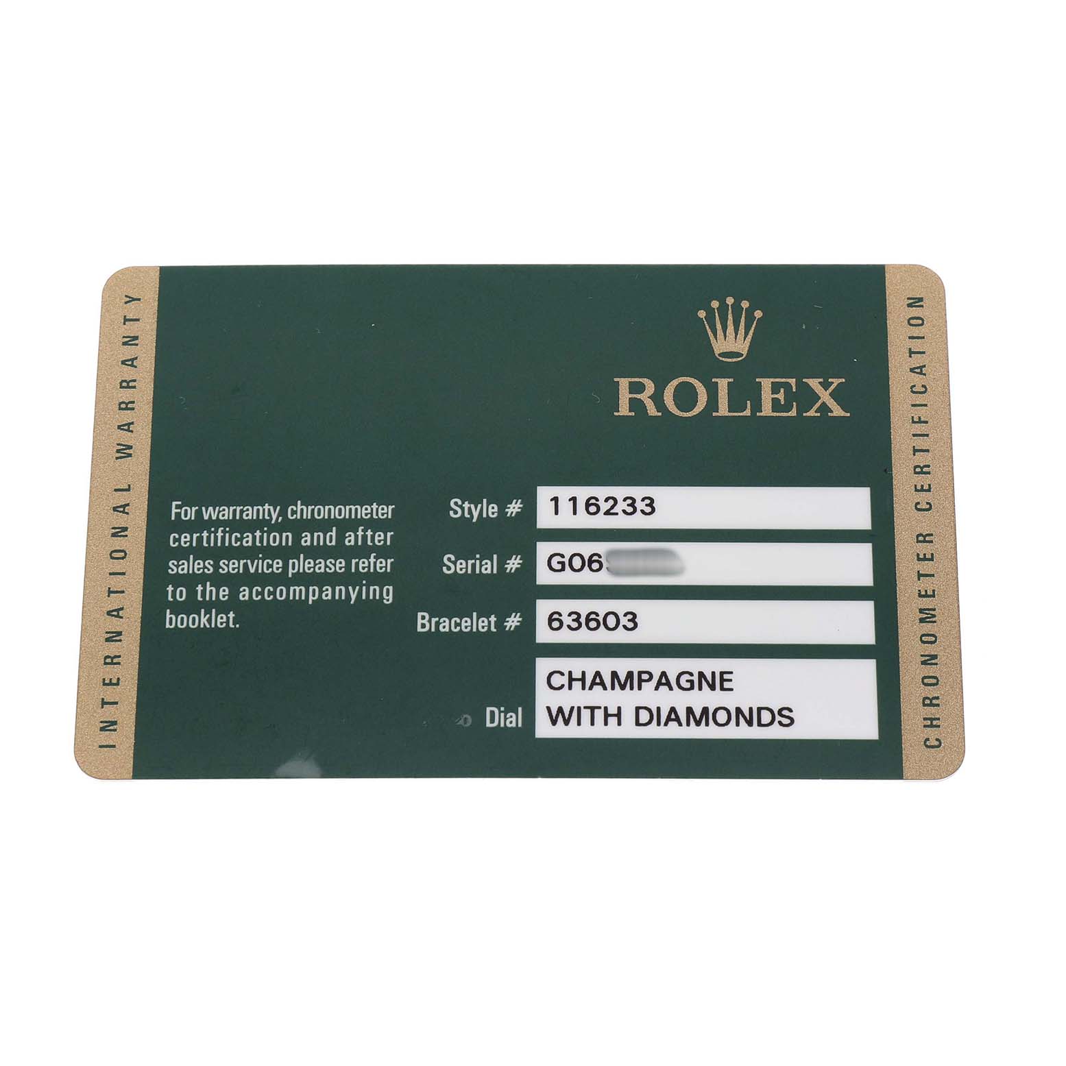 This image shows a warranty card for a Rolex Datejust 116233 Men's Steel and Gold (two tone) Champagne Dial watch, detailing style, serial, and bracelet numbers, plus dial information.
