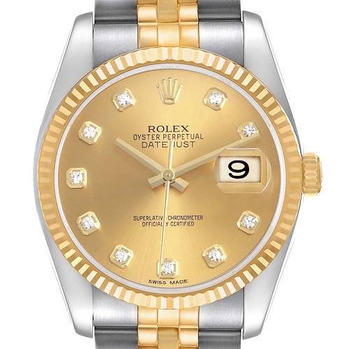 The image shows a frontal view of a Rolex Datejust 116233 Men's Steel and Gold (two tone) Champagne Dial, highlighting the gold dial, fluted bezel, and two-tone bracelet.