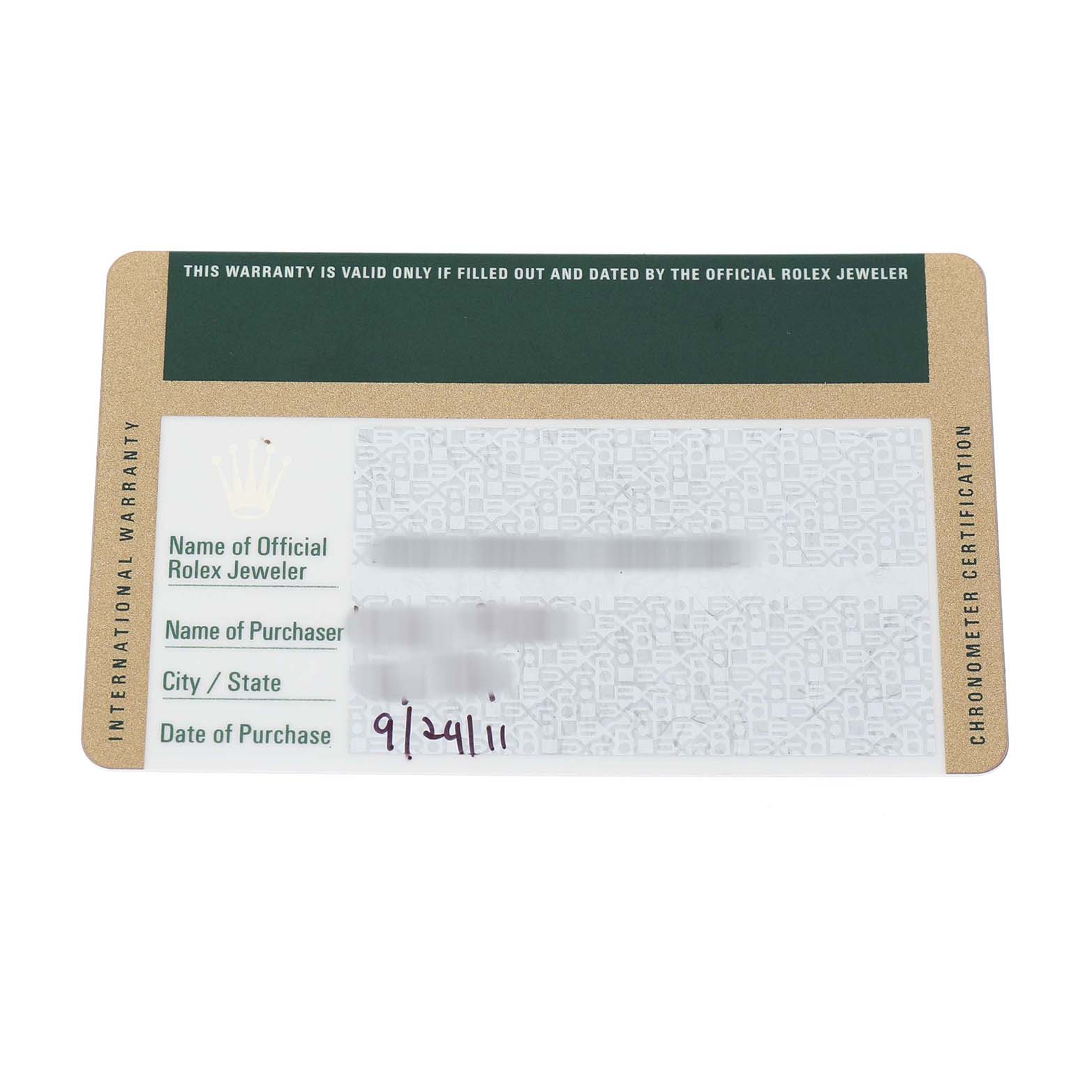 This image shows a Rolex Datejust 116233 Men's Steel and Gold (two tone) Champagne Dial warranty card, viewed from the front, detailing purchase information.