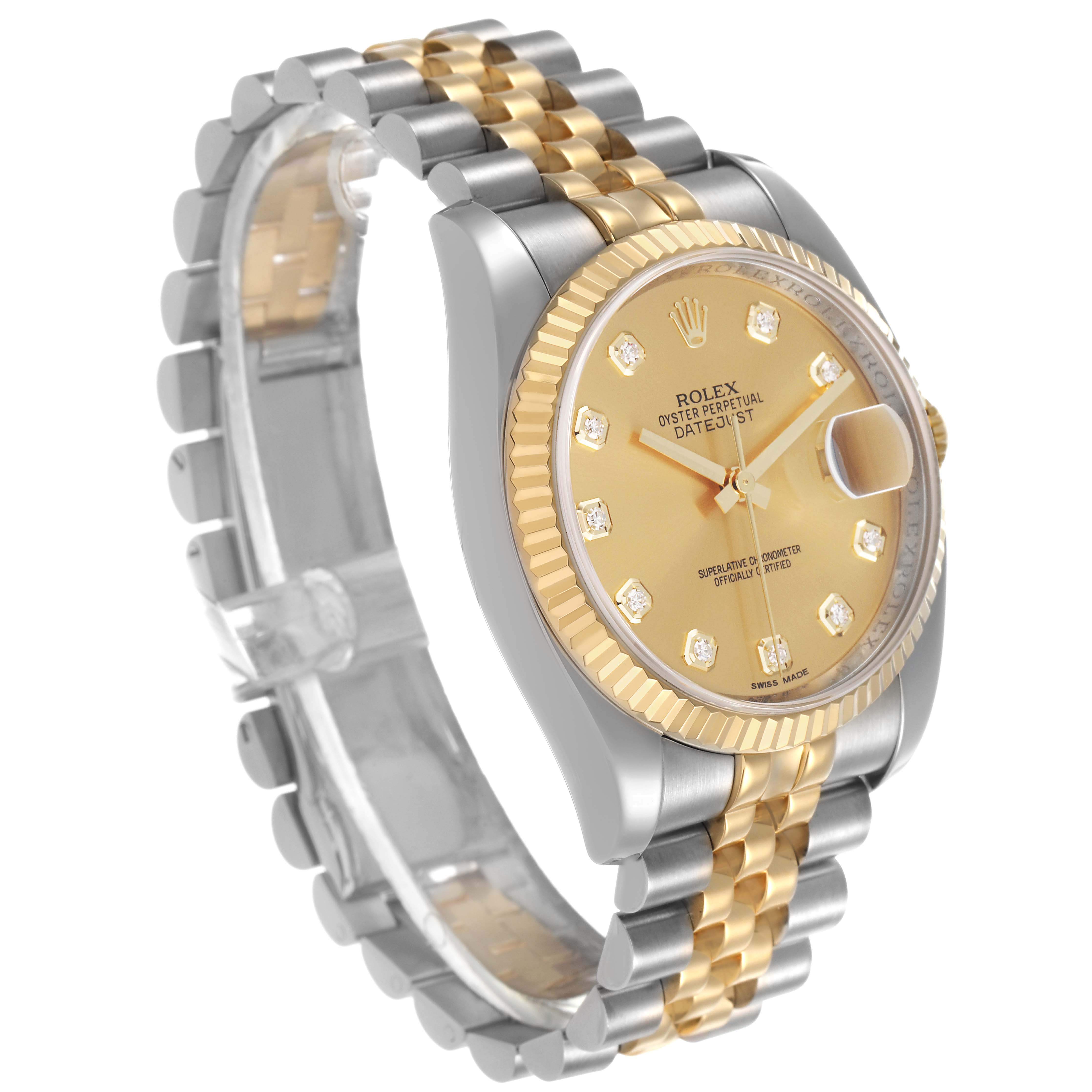 The Rolex Datejust 116233 Men's Steel and Gold (two tone) Champagne Dial watch is shown at a three-quarter angle, highlighting its gold dial, bezel, and Jubilee bracelet.