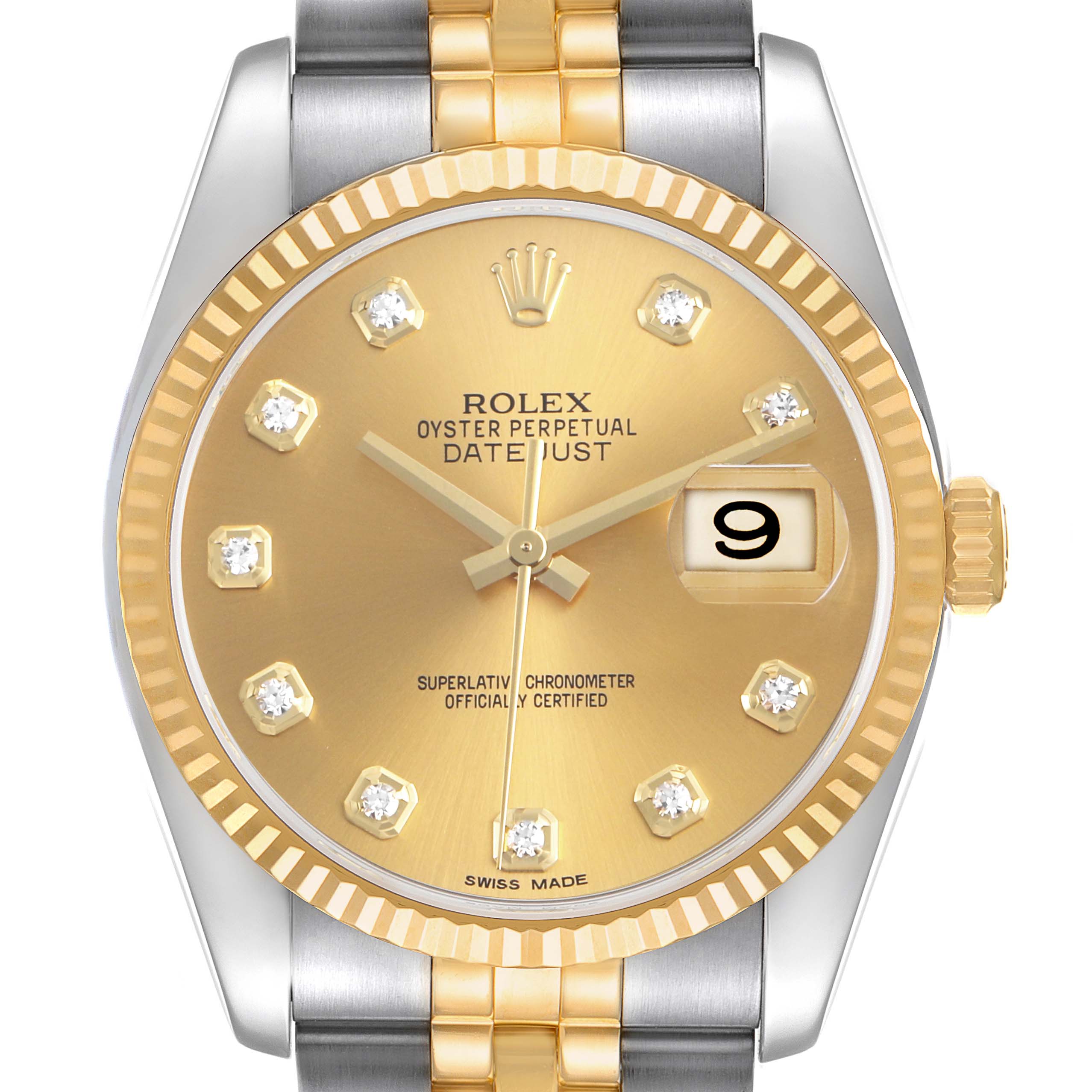 The Rolex Datejust 116233 Men's Steel and Gold (two tone) Champagne Dial watch is shown from a front angle, highlighting its gold and silver bracelet, fluted bezel, and date window.