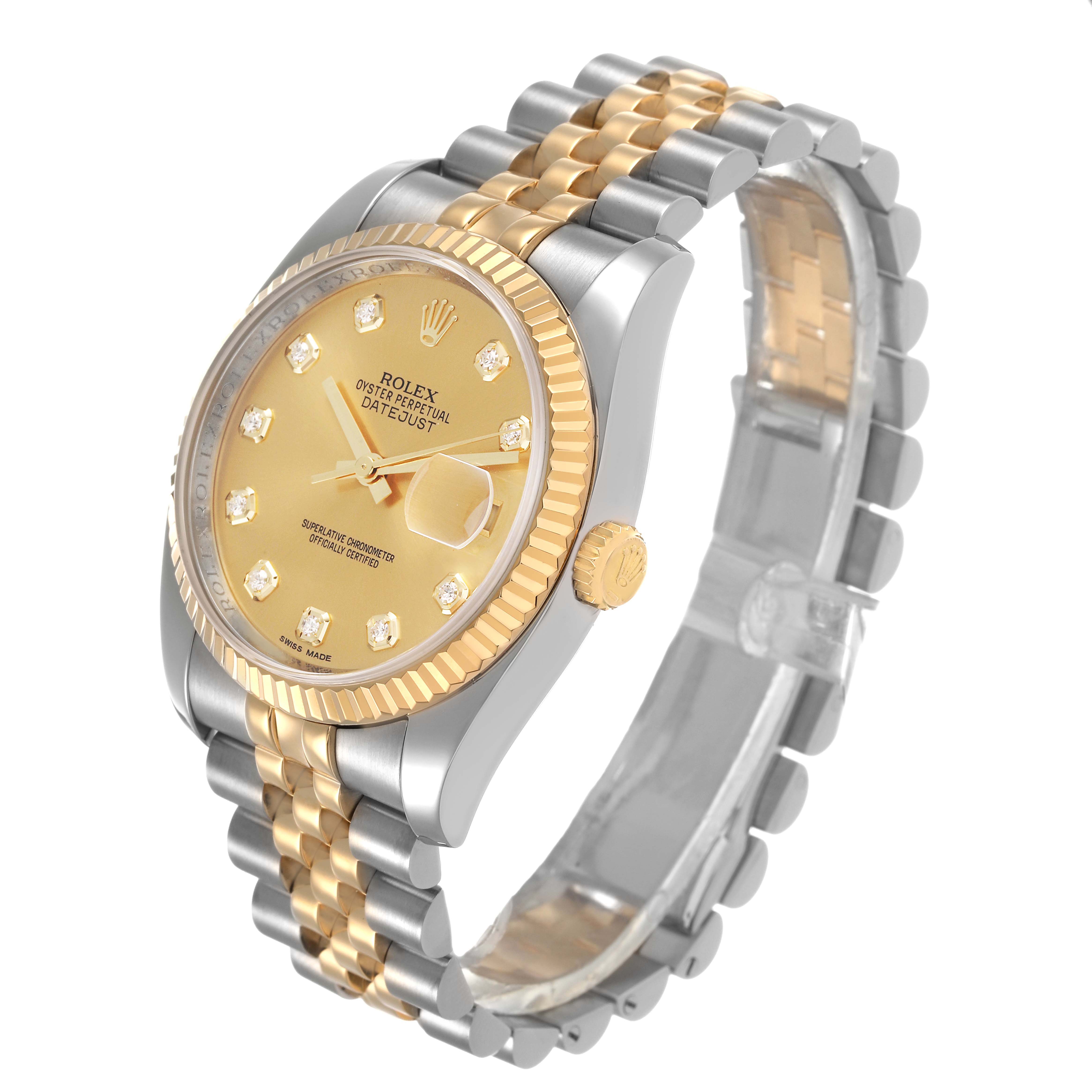 The Rolex Datejust 116233 Men's Steel and Gold (two tone) Champagne Dial is shown at a three-quarter angle, highlighting the bezel, dial, crown, and Jubilee bracelet.
