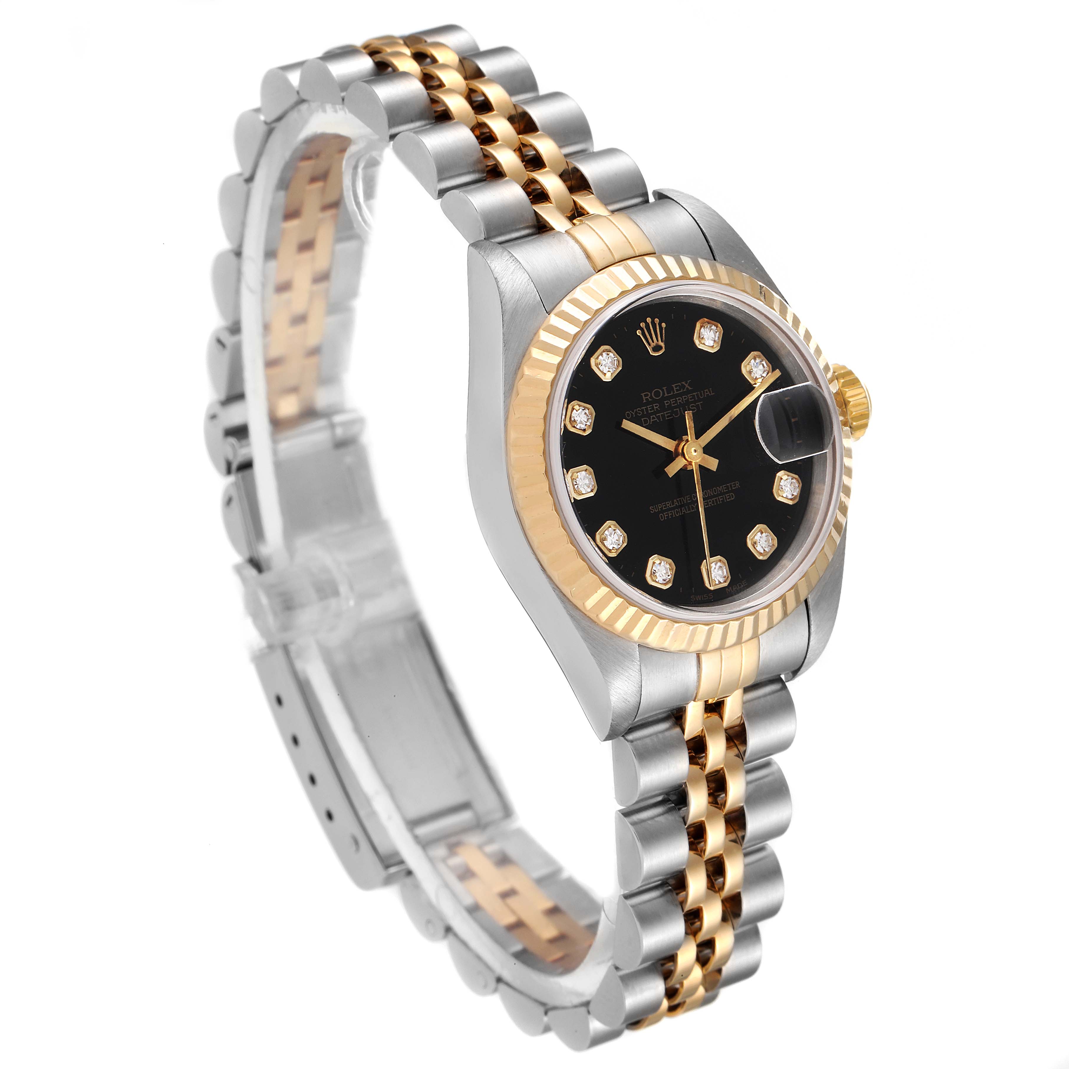 The image shows a Rolex Datejust 79173 Women
s Steel and Gold (two tone) Black Dial 79173 Women
s Steel and Gold (two tone) Black Dial watch at a three-quarter angle, highlighting its face, fluted bezel, and Jubilee bracelet.