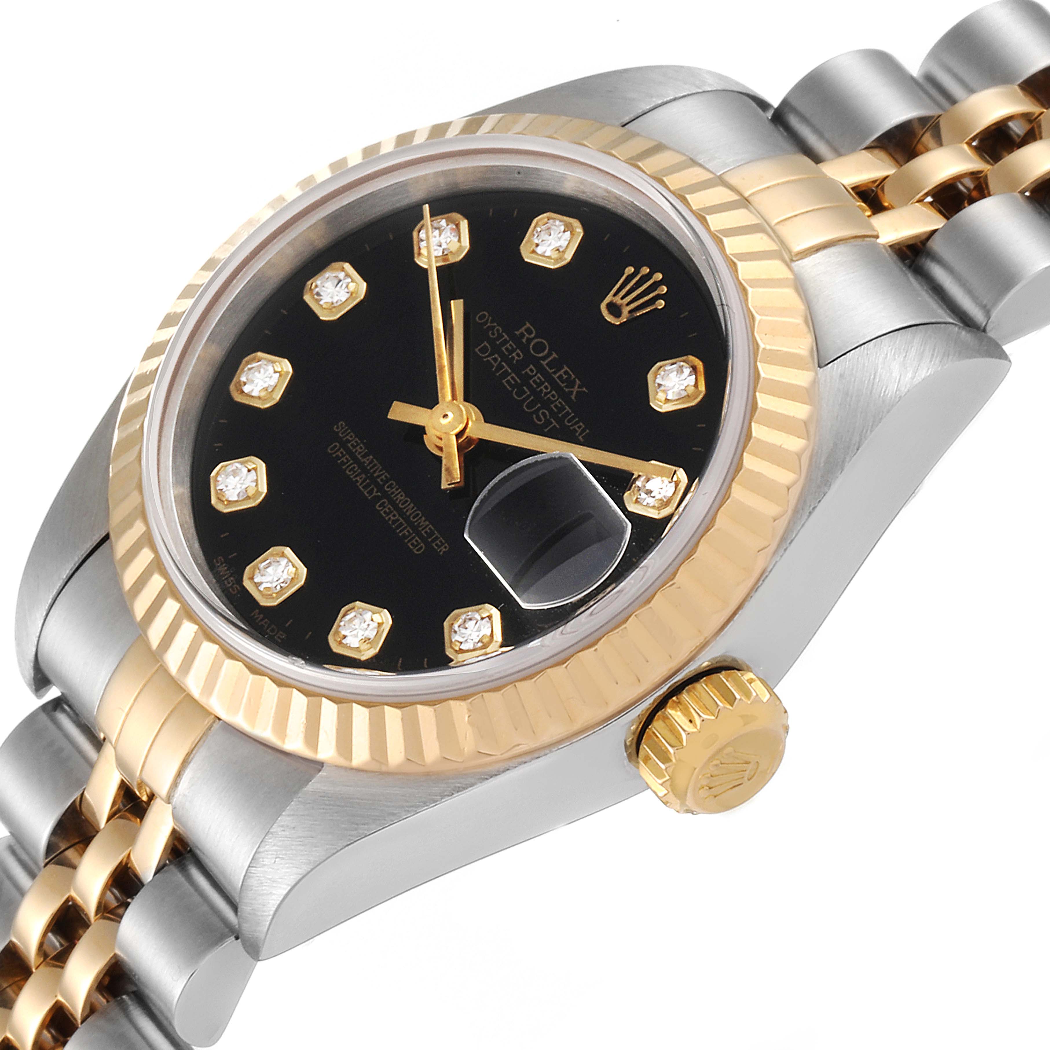 The image shows a close-up angle of a Rolex Datejust 79173 Women
s Steel and Gold (two tone) Black Dial 79173 Women
s Steel and Gold (two tone) Black Dial watch, highlighting the crown, bezel, dial, and part of the bracelet.