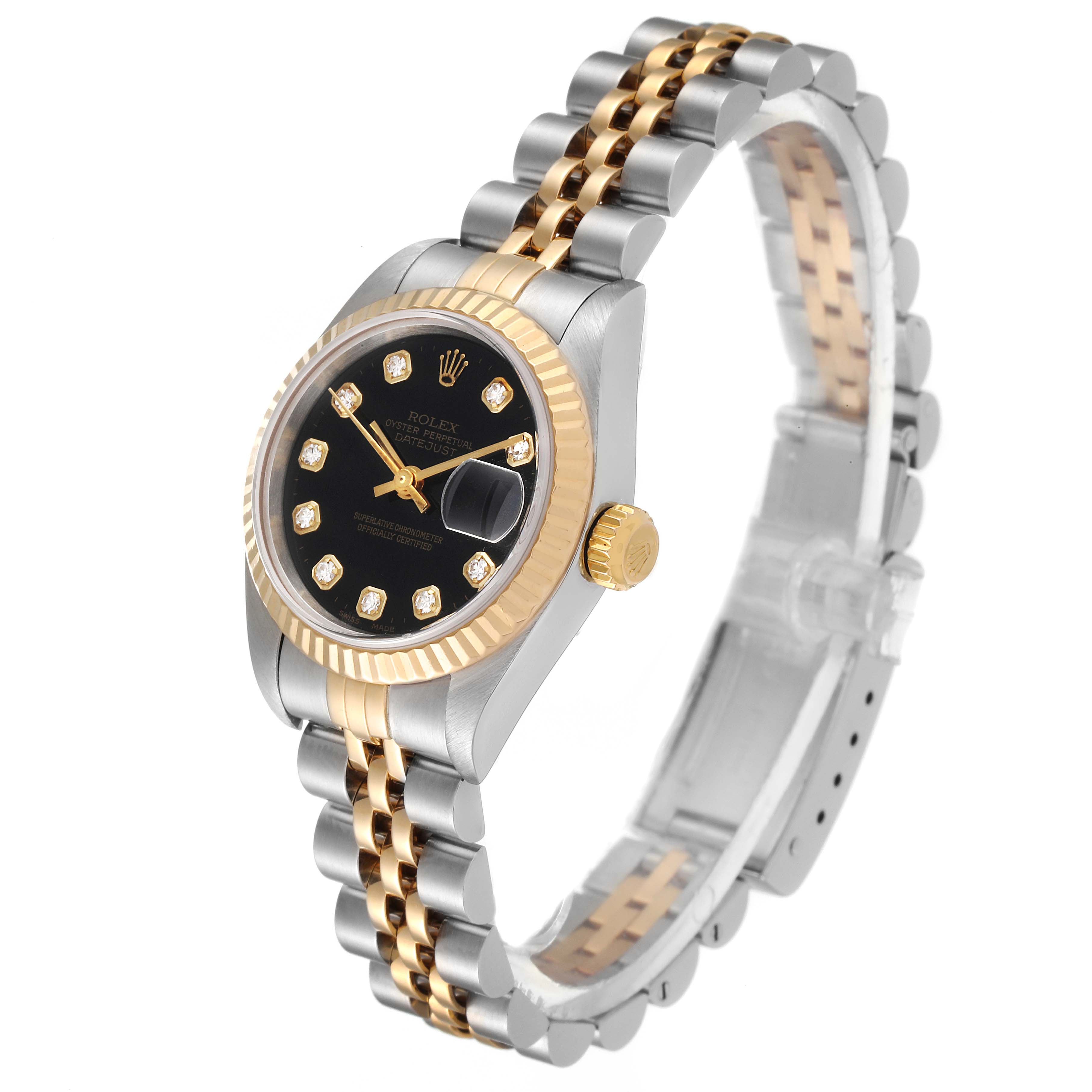 This Rolex Datejust 79173 Women
s Steel and Gold (two tone) Black Dial 79173 Women
s Steel and Gold (two tone) Black Dial watch is shown at a three-quarter angle, highlighting the black dial, gold details, and two-tone bracelet.
