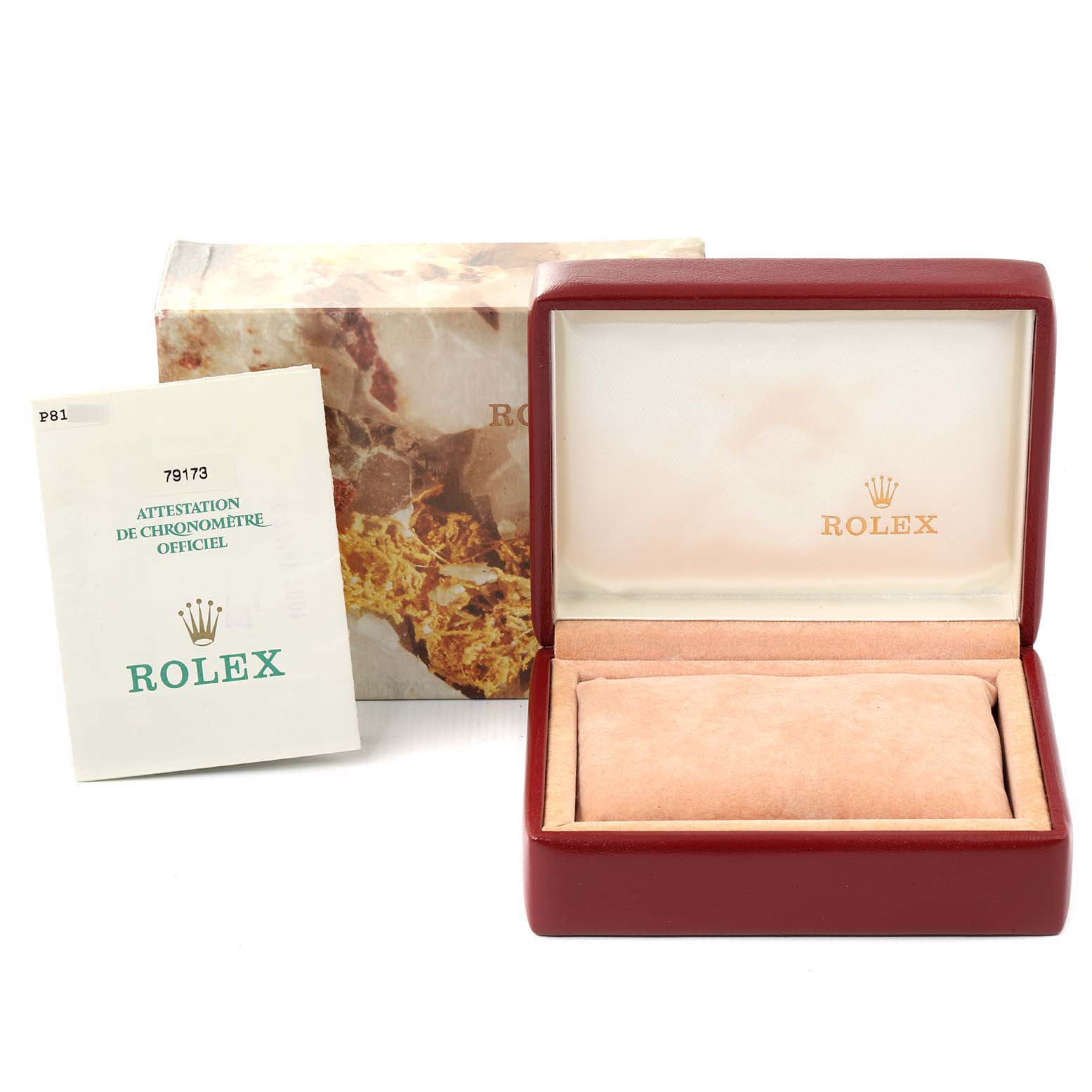 The image shows a Rolex Datejust 79173 Women
s Steel and Gold (two tone) Black Dial 79173 Women
s Steel and Gold (two tone) Black Dial watch box and its official chronometer certification, with the box open, displaying its interior.