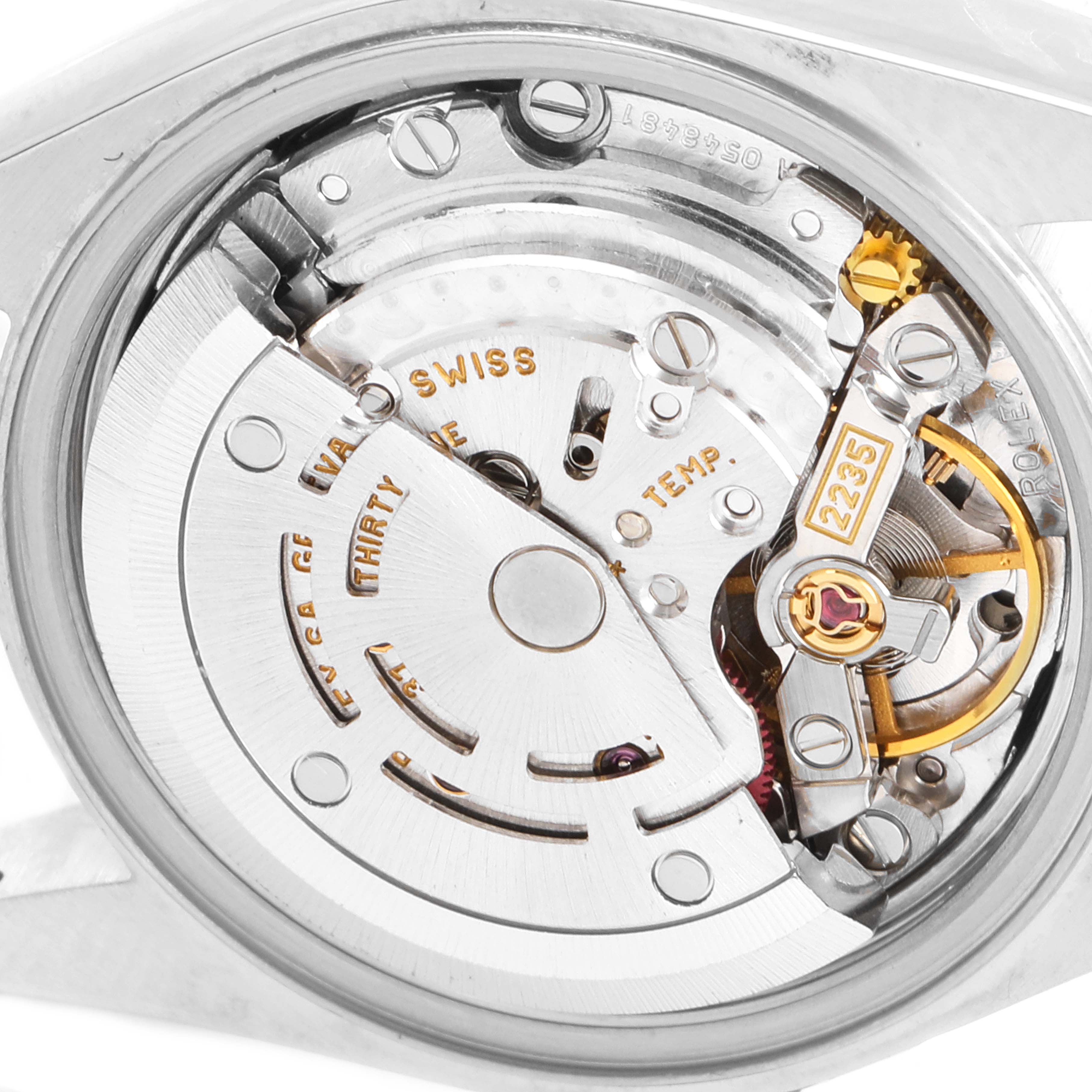 This image shows the inner mechanism of the Rolex Datejust 79173 Women
s Steel and Gold (two tone) Black Dial 79173 Women
s Steel and Gold (two tone) Black Dial watch, focusing on the movement components.