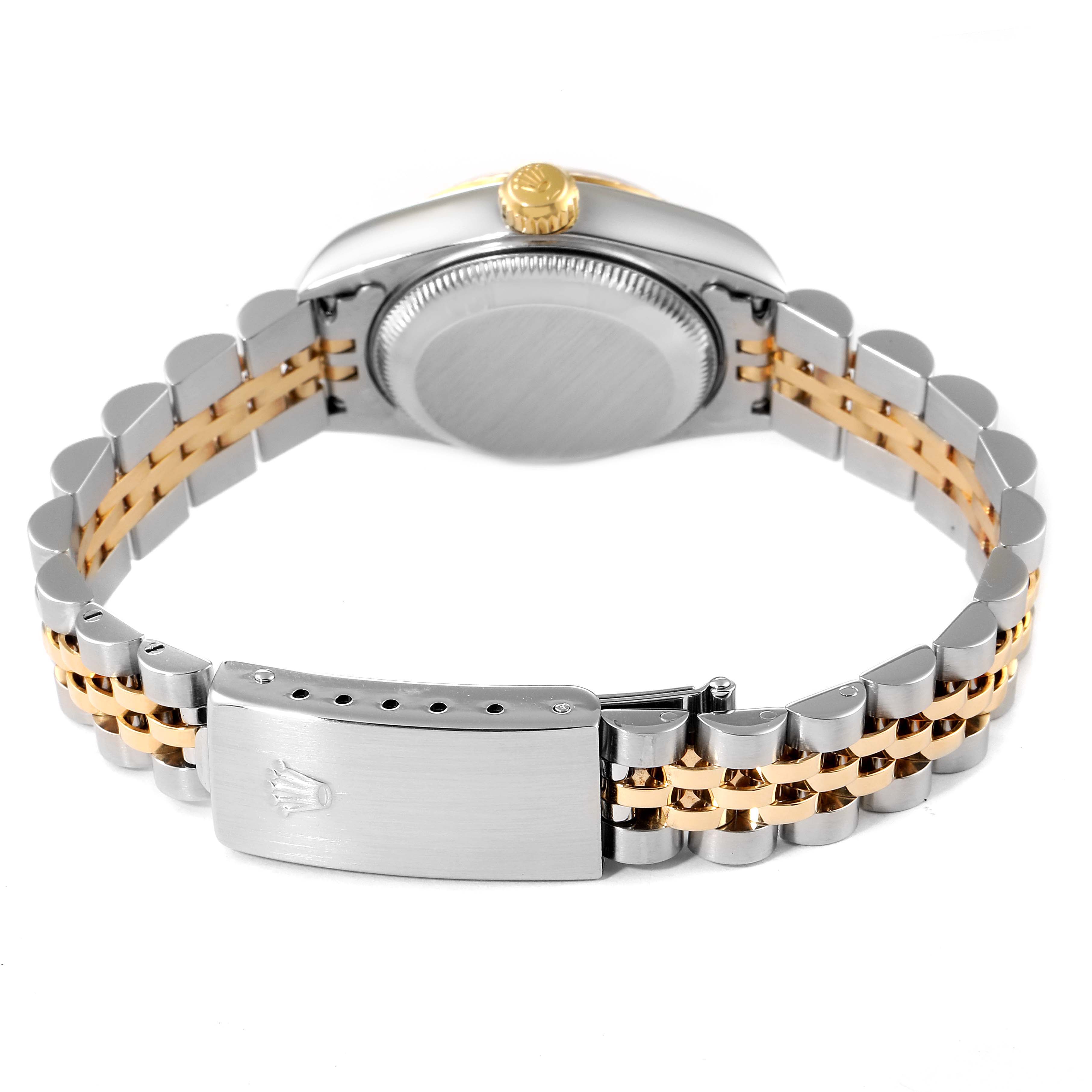 This image shows the back view of a Rolex Datejust 79173 Women
s Steel and Gold (two tone) Black Dial 79173 Women
s Steel and Gold (two tone) Black Dial watch, highlighting the clasp and two-tone bracelet.