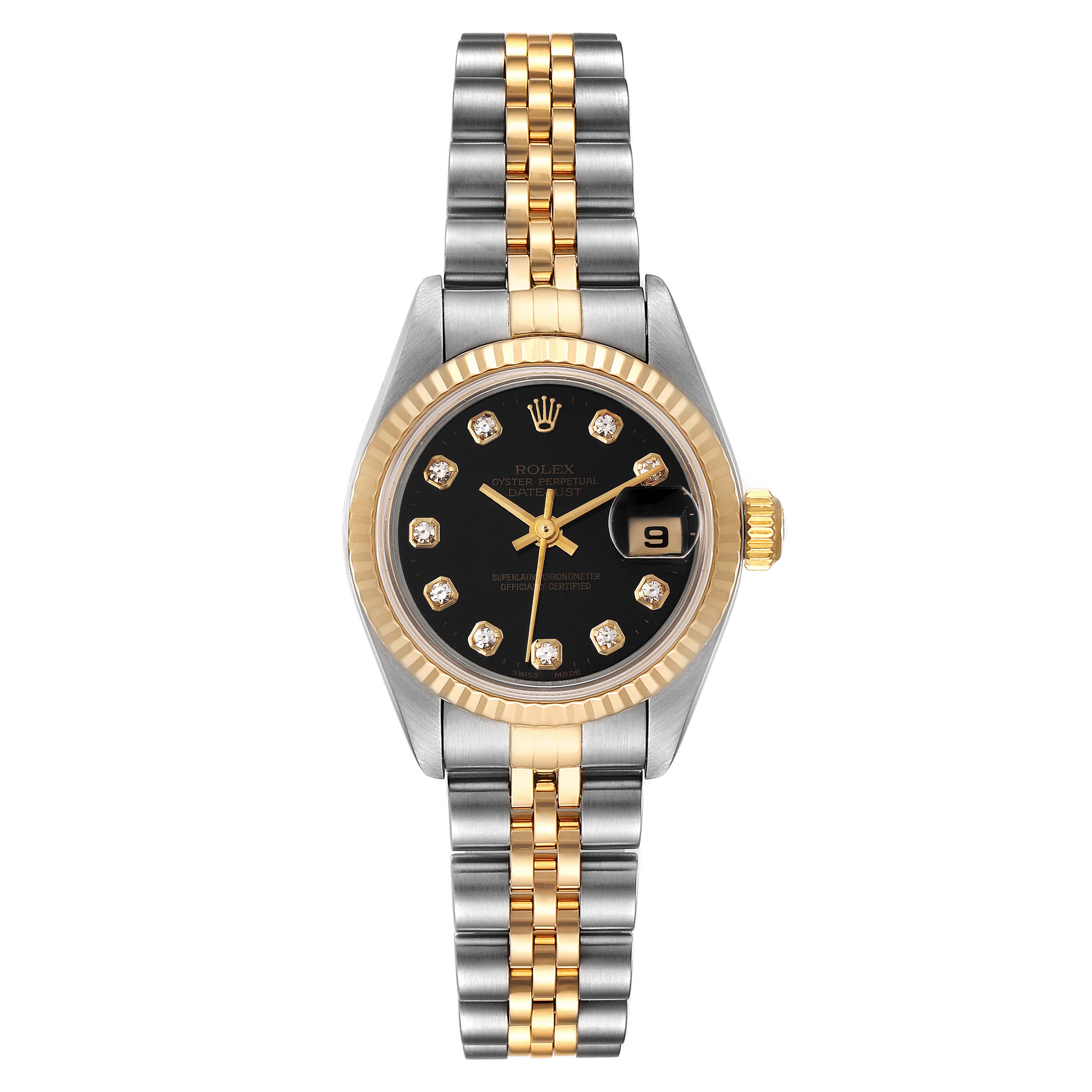 The image shows a front view of a Rolex Datejust 79173 Women
s Steel and Gold (two tone) Black Dial 79173 Women
s Steel and Gold (two tone) Black Dial watch, displaying the dial, bezel, and two-tone bracelet.