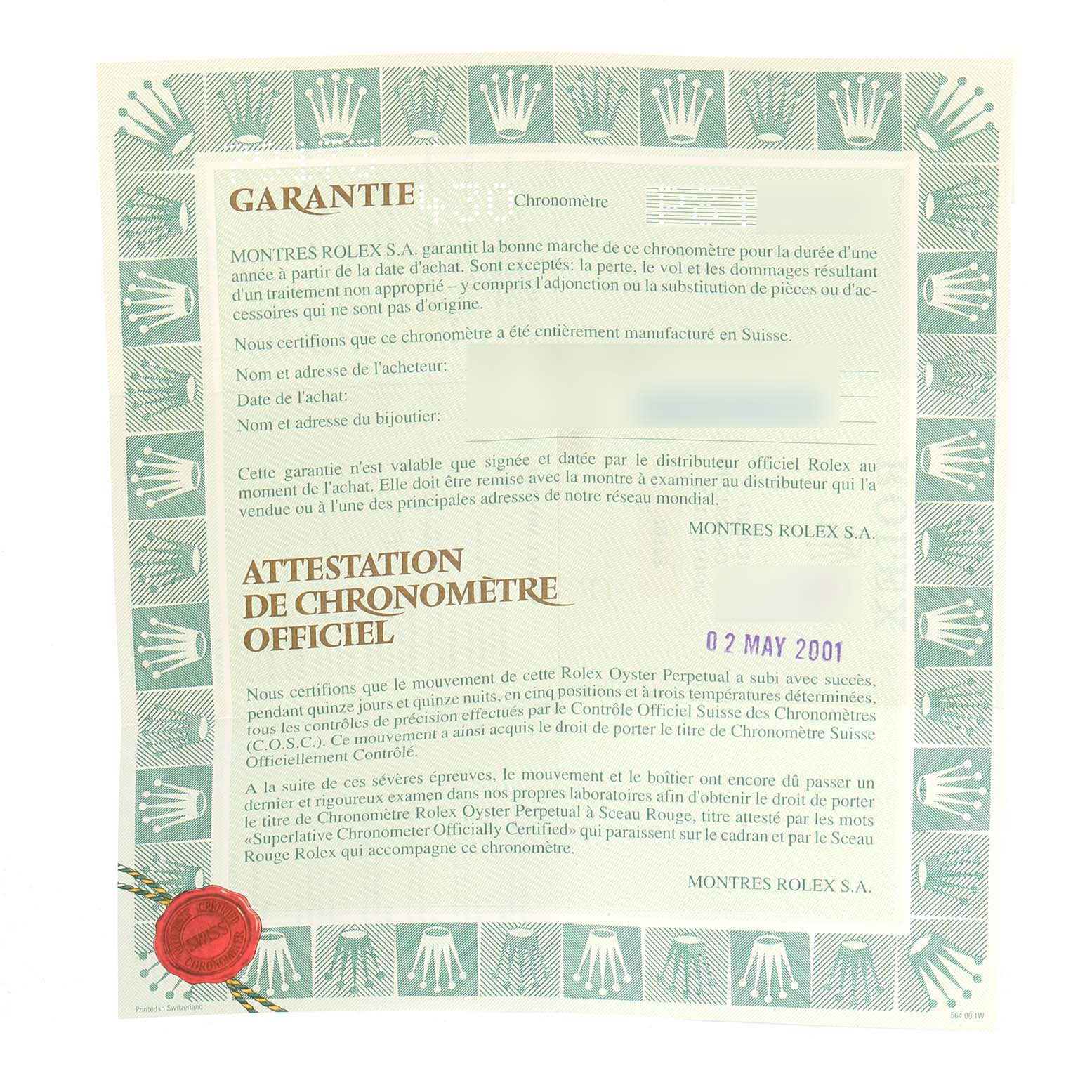 This image shows a Rolex Datejust 79173 Women
s Steel and Gold (two tone) Black Dial 79173 Women
s Steel and Gold (two tone) Black Dial warranty certificate dated 02 May 2001.