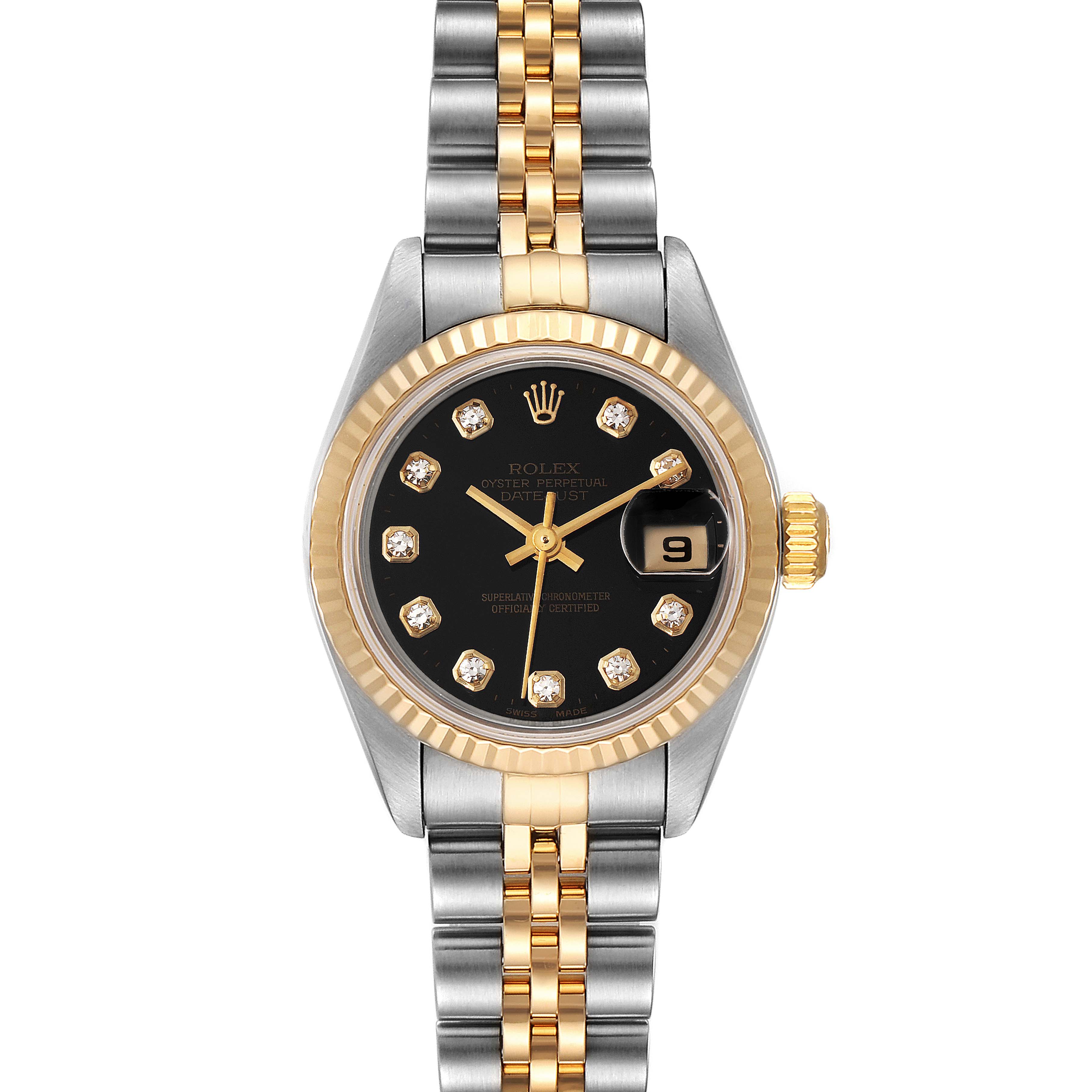 The Rolex Datejust 79173 Women
s Steel and Gold (two tone) Black Dial 79173 Women
s Steel and Gold (two tone) Black Dial watch is shown from a front angle, displaying the dial, bezel, and bracelet.