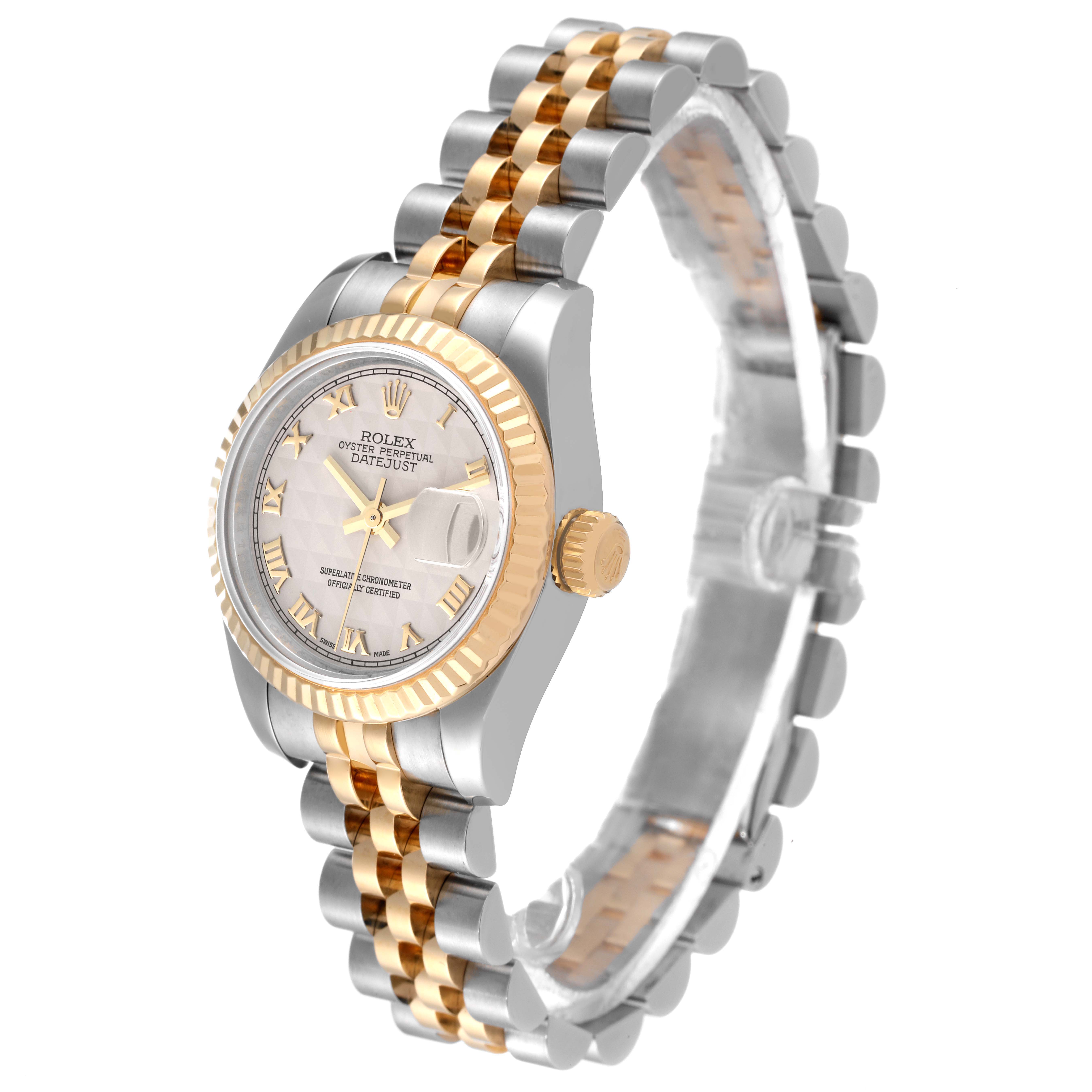 The image displays a side angle of the Rolex Datejust 179173 Women's Steel and Gold (two tone) Beige Dial 179173 Women's Steel and Gold (two tone) Beige Dial watch, showcasing its dial, bezel, and two-tone bracelet.