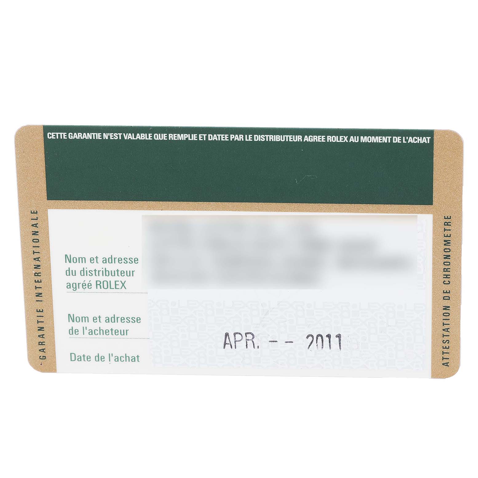 This image shows a guarantee card for a Rolex Datejust 179173 Women's Steel and Gold (two tone) Beige Dial 179173 Women's Steel and Gold (two tone) Beige Dial watch, indicating details like purchase date, distributor, and buyer information.