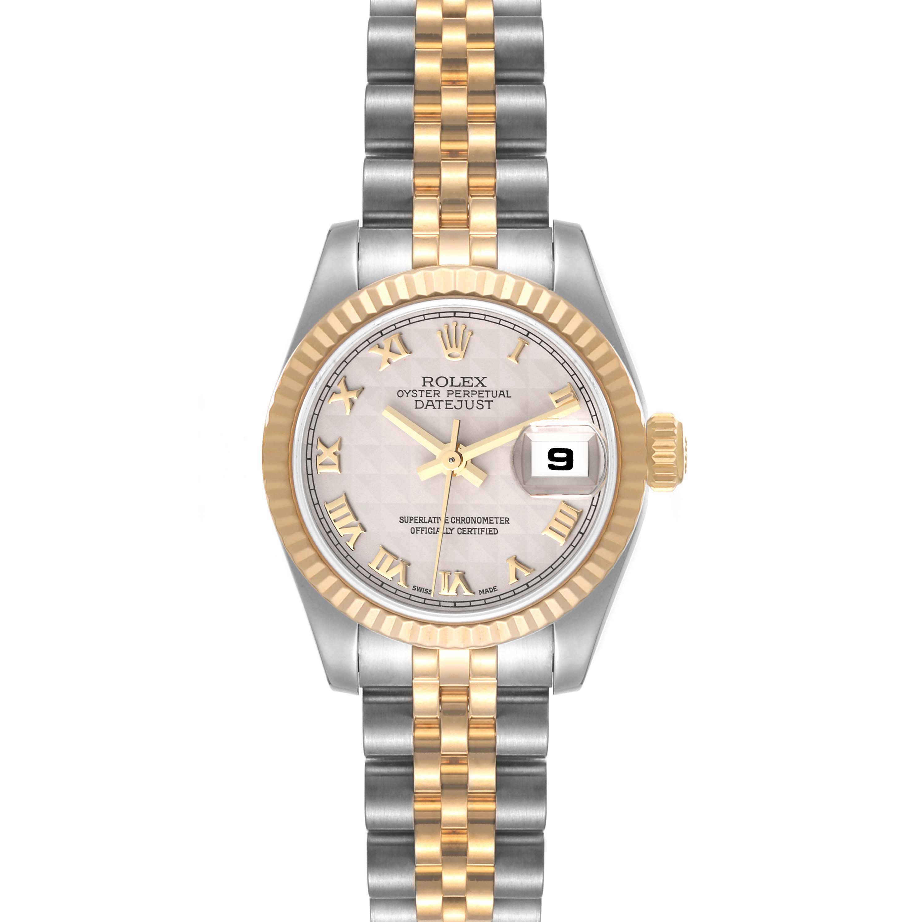 This image shows a front view of the Rolex Datejust 179173 Women's Steel and Gold (two tone) Beige Dial 179173 Women's Steel and Gold (two tone) Beige Dial watch, displaying its face, bracelet, and date window.