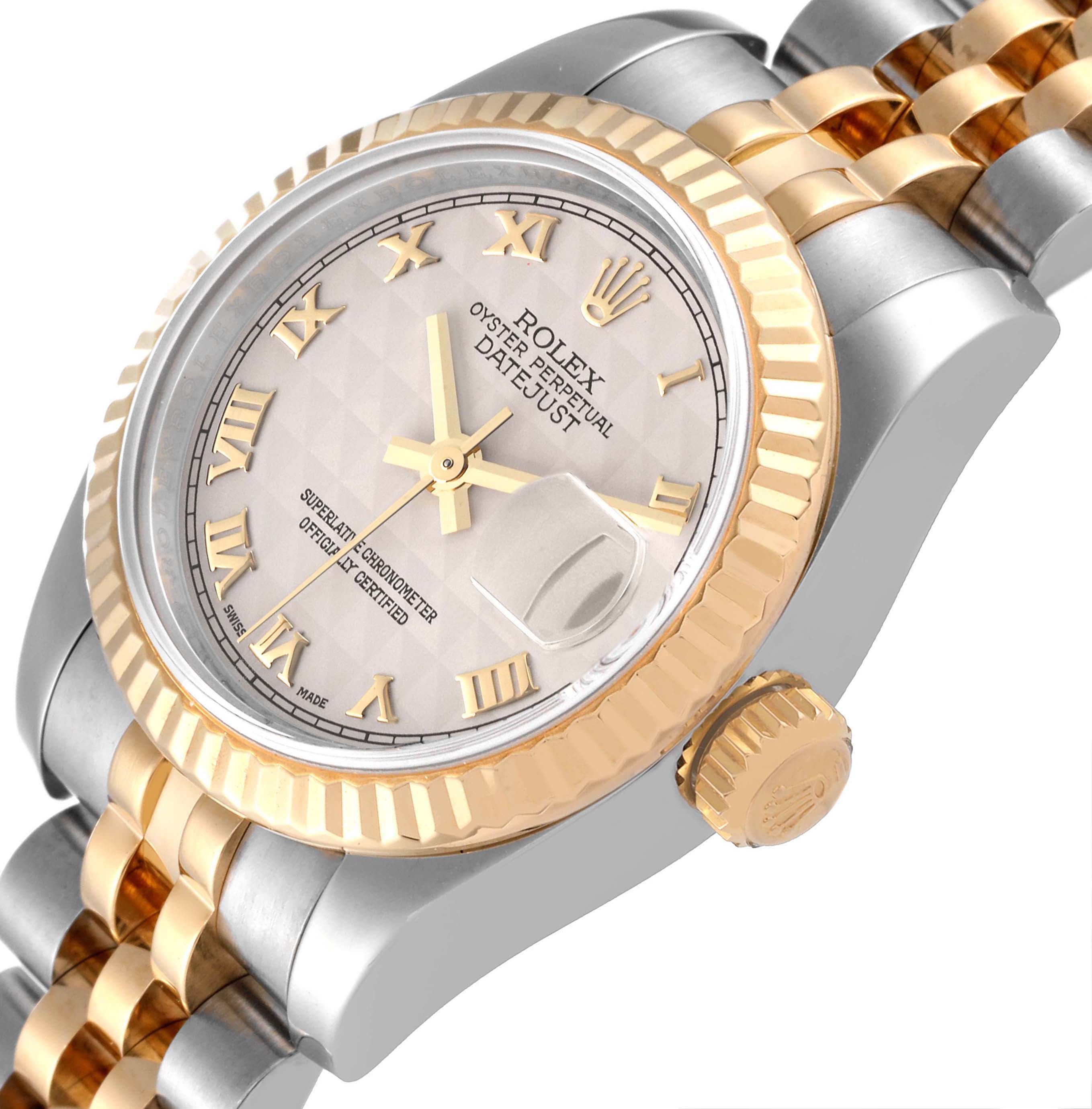 The image shows a close-up of a Rolex Datejust 179173 Women's Steel and Gold (two tone) Beige Dial 179173 Women's Steel and Gold (two tone) Beige Dial watch from an angled top-down perspective, highlighting the dial, crown, and part of the bracelet.