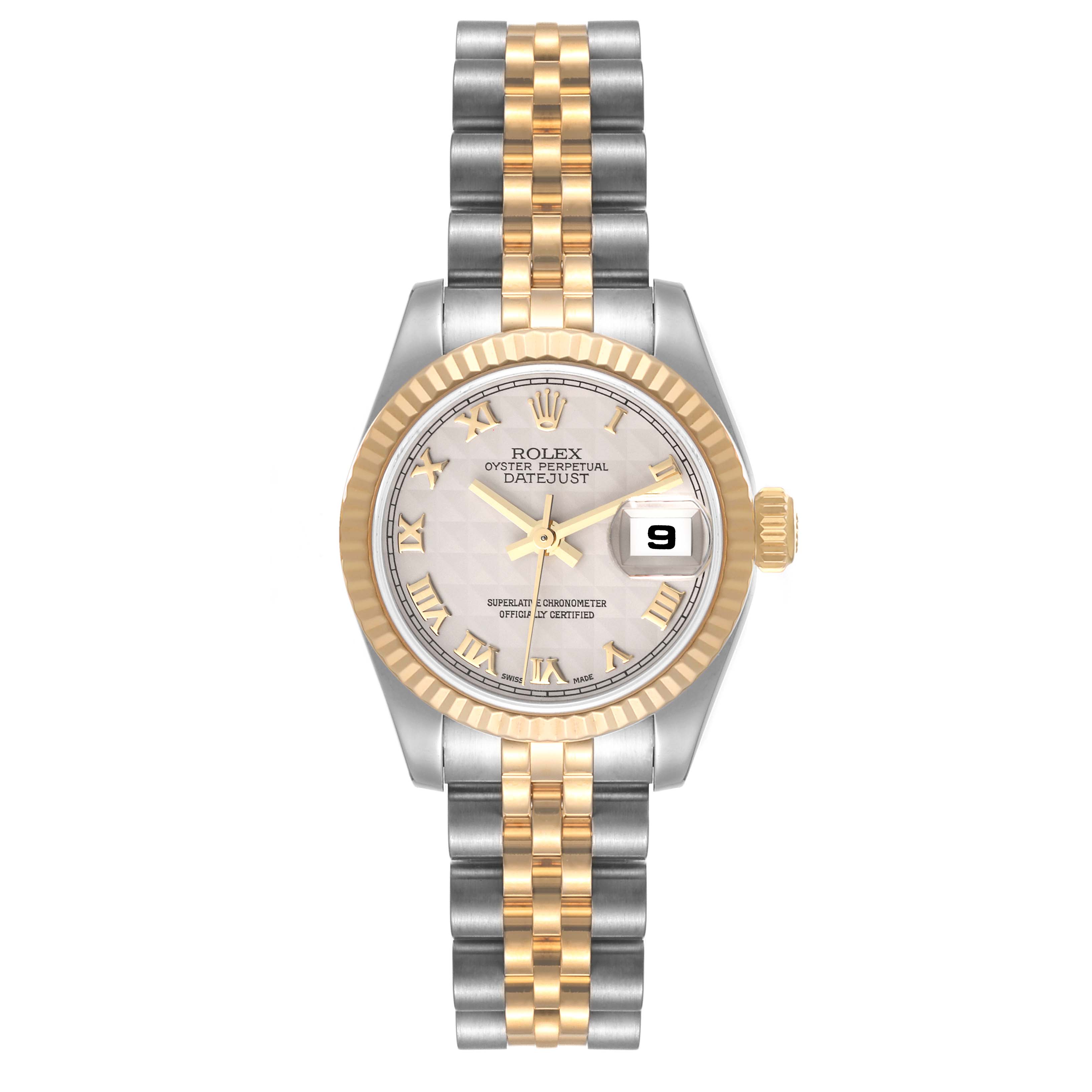 This image shows a front view of a Rolex Datejust 179173 Women's Steel and Gold (two tone) Beige Dial 179173 Women's Steel and Gold (two tone) Beige Dial watch, highlighting its two-tone bracelet, fluted bezel, and date window.