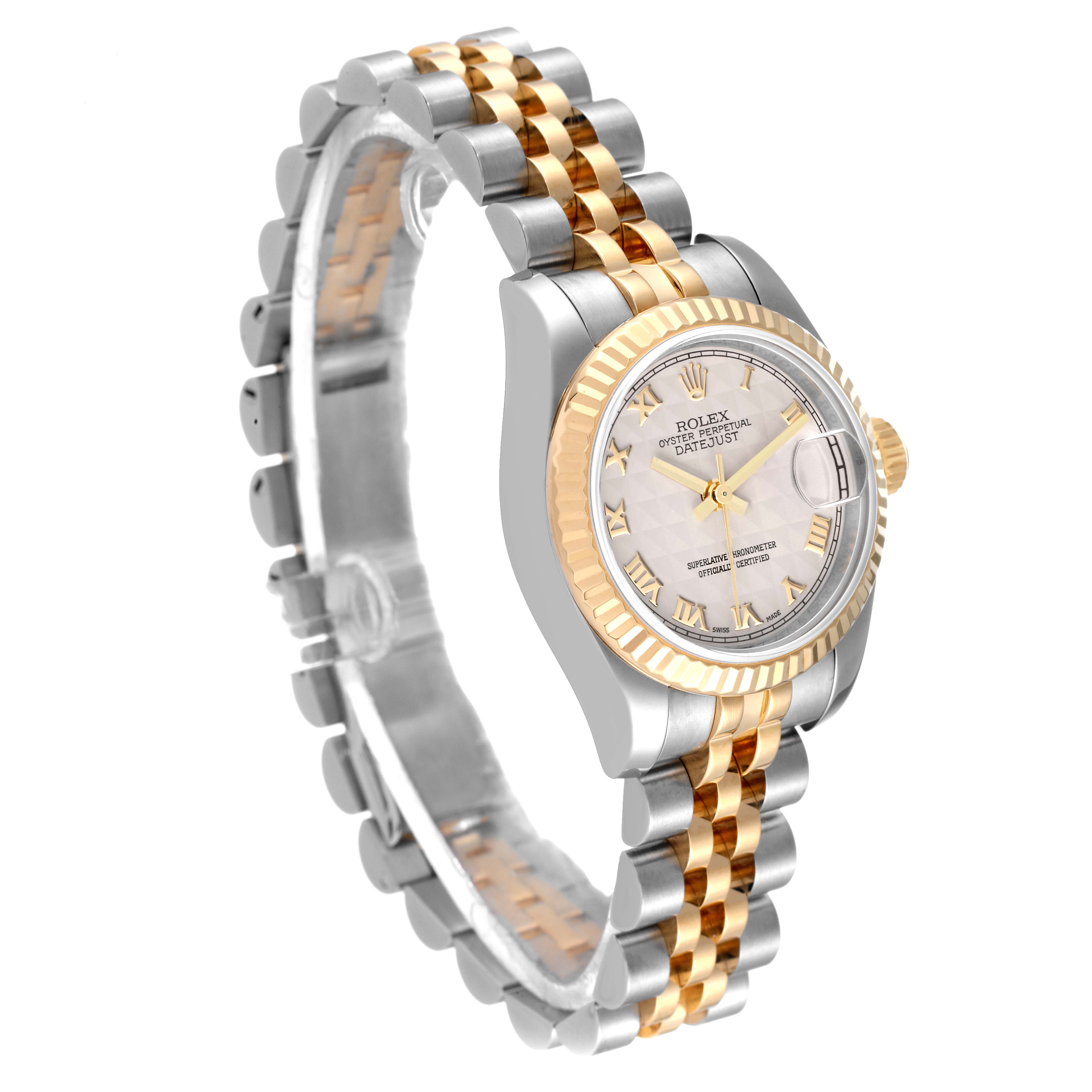 The Rolex Datejust 179173 Women's Steel and Gold (two tone) Beige Dial 179173 Women's Steel and Gold (two tone) Beige Dial watch is shown at a front-side angle, emphasizing the bracelet and dial.