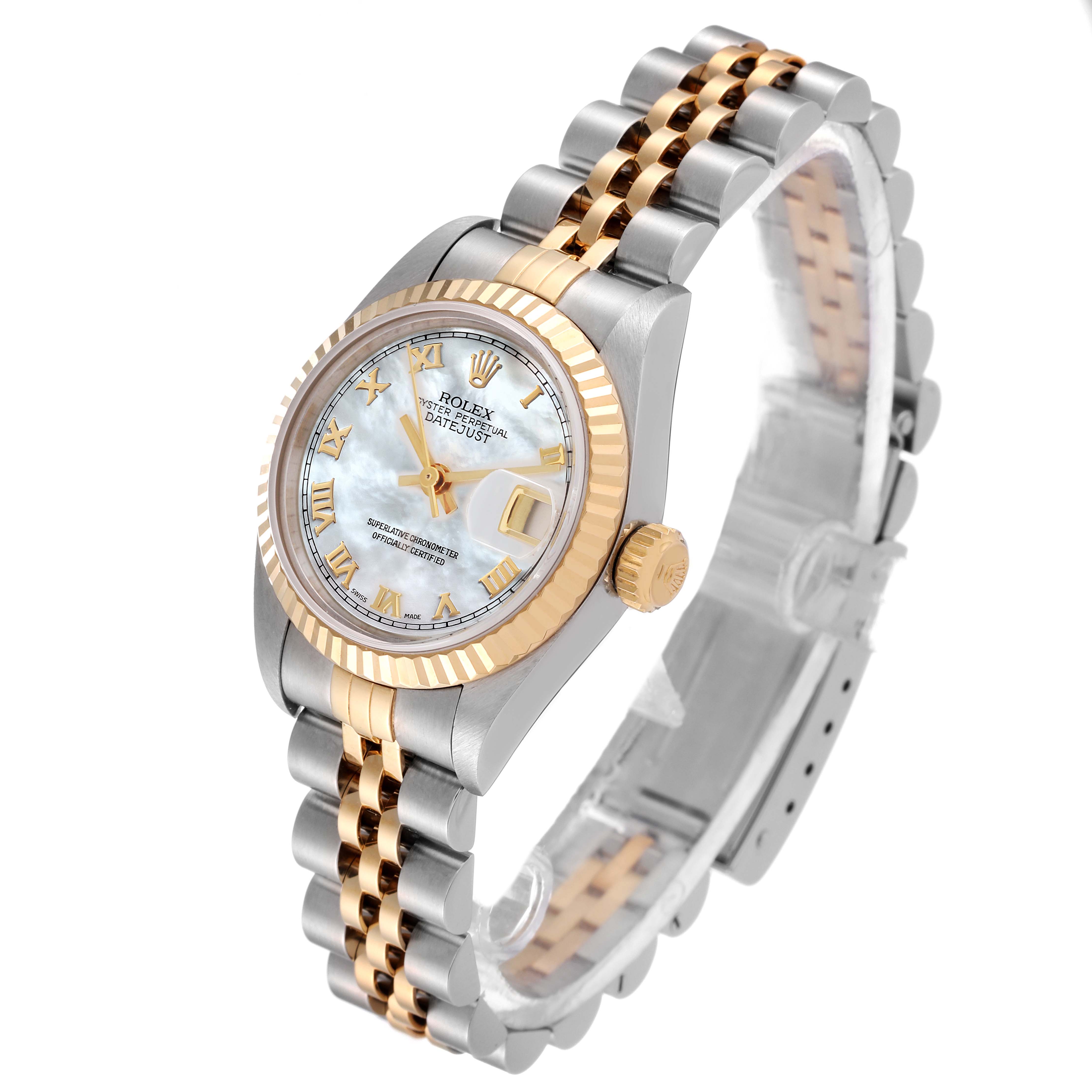 The image shows a Rolex Datejust 69173 Women
s Steel and Gold (two tone) Mother of Pearl Dial 69173 Women
s Steel and Gold (two tone) Mother of Pearl Dial watch angled to display the face, bezel, crown, and two-tone bracelet.