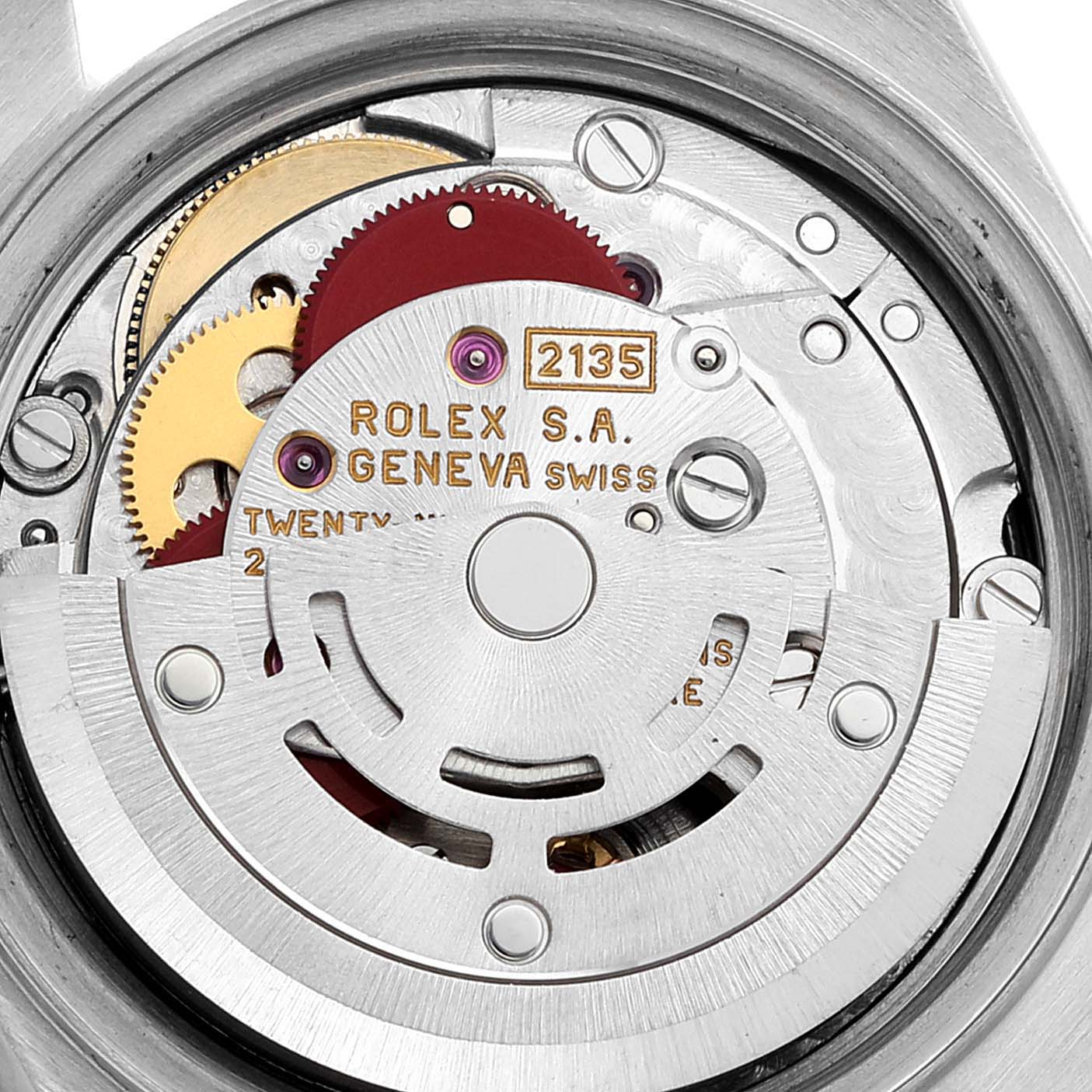 This image shows the internal movement mechanism of a Rolex Datejust 69173 Women
s Steel and Gold (two tone) Mother of Pearl Dial 69173 Women
s Steel and Gold (two tone) Mother of Pearl Dial watch, highlighting gears and components.