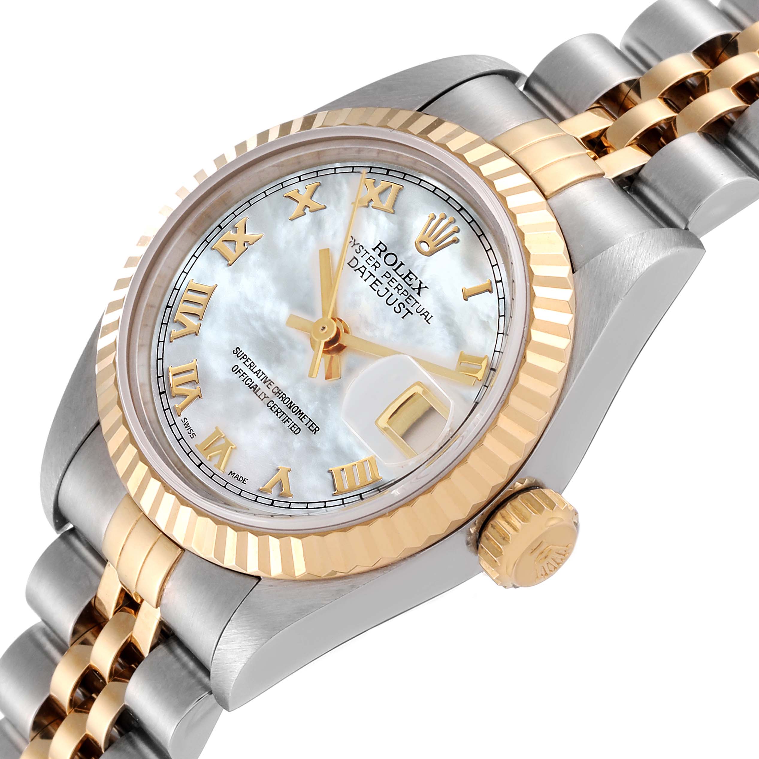 The Rolex Datejust 69173 Women
s Steel and Gold (two tone) Mother of Pearl Dial 69173 Women
s Steel and Gold (two tone) Mother of Pearl Dial is shown at a slight angle, highlighting its bezel, dial, crown, and two-tone bracelet.