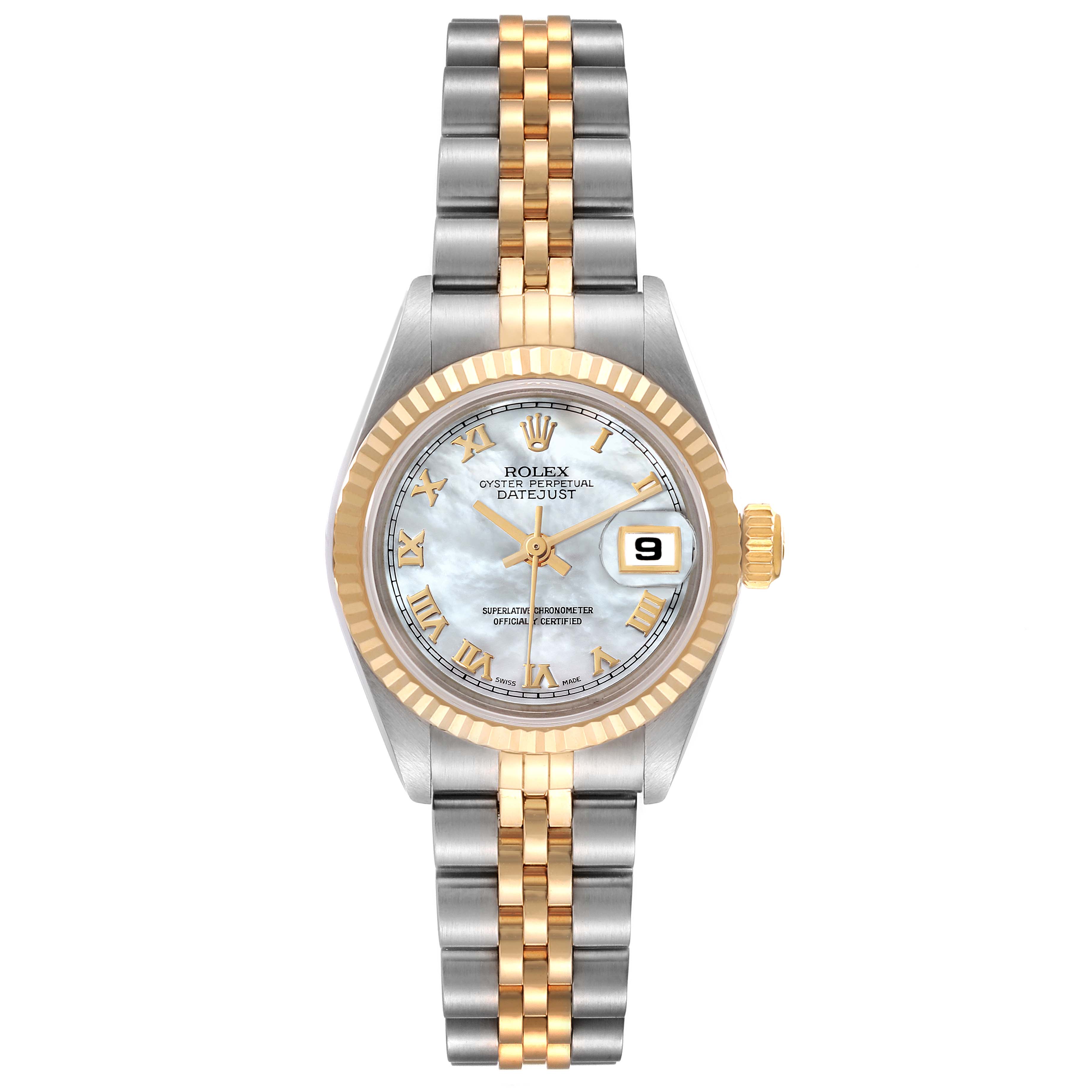 This image shows a Rolex Datejust 69173 Women
s Steel and Gold (two tone) Mother of Pearl Dial 69173 Women
s Steel and Gold (two tone) Mother of Pearl Dial watch from a top-down angle, featuring a two-tone metal bracelet, fluted bezel, and date display.
