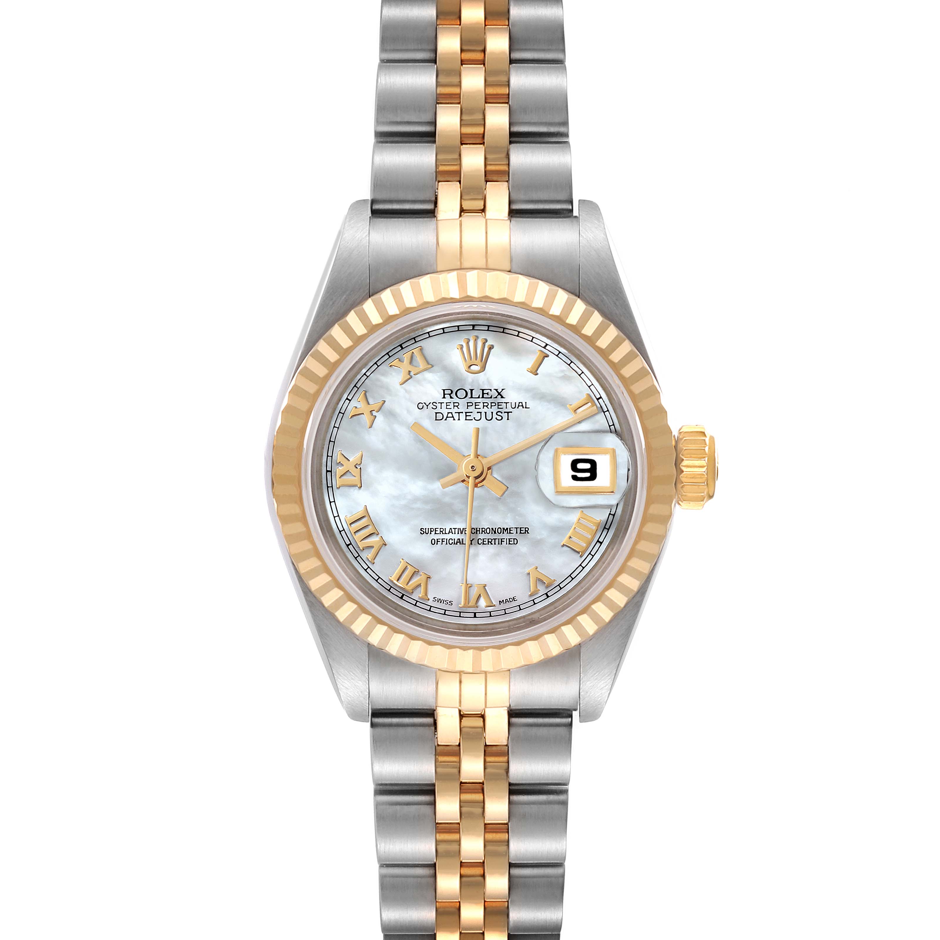 The image shows the front view of a Rolex Datejust 69173 Women
s Steel and Gold (two tone) Mother of Pearl Dial 69173 Women
s Steel and Gold (two tone) Mother of Pearl Dial watch, highlighting its face, bezel, bracelet, and crown.