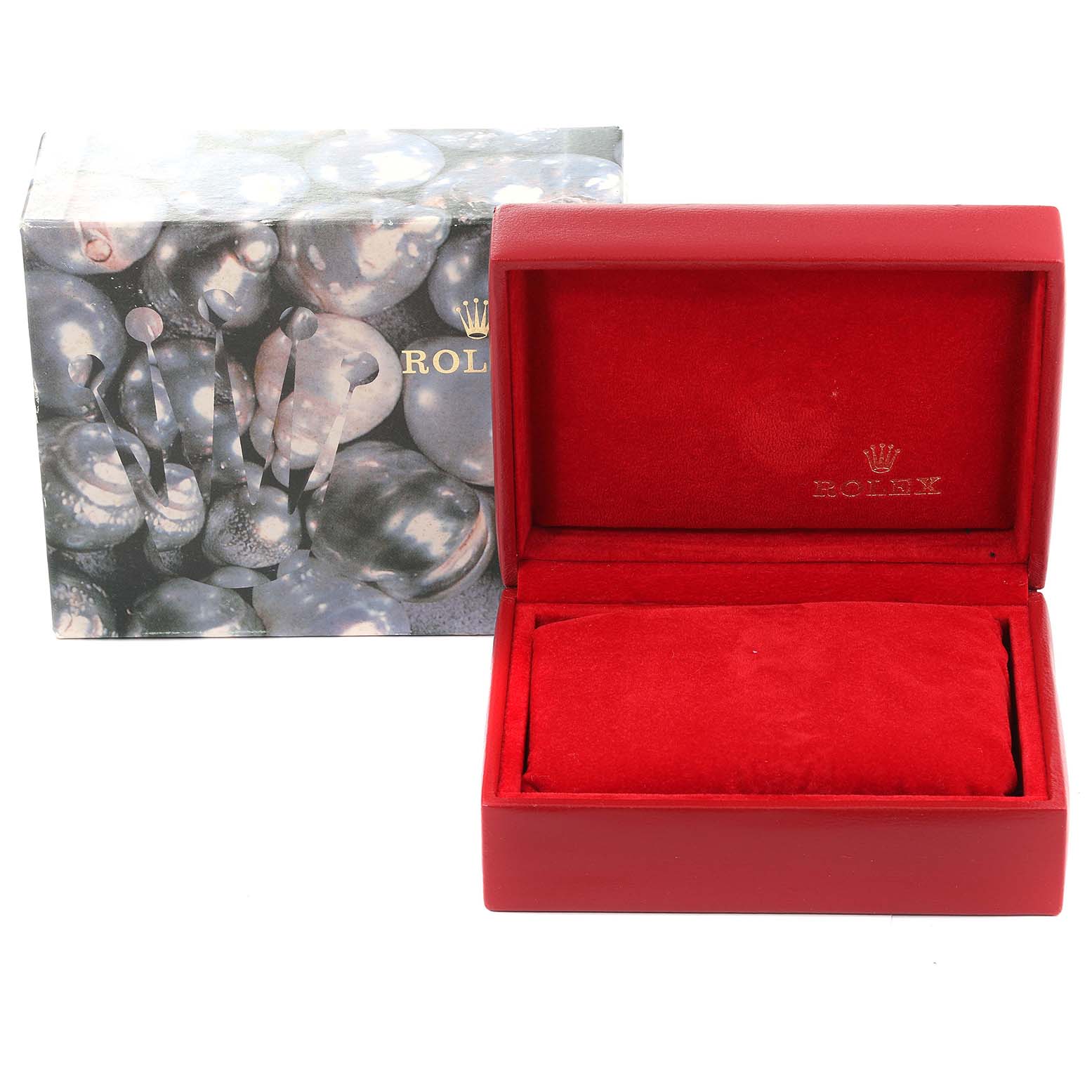 The image shows a red Rolex watch box and an outer box, both branded, for a Datejust model.