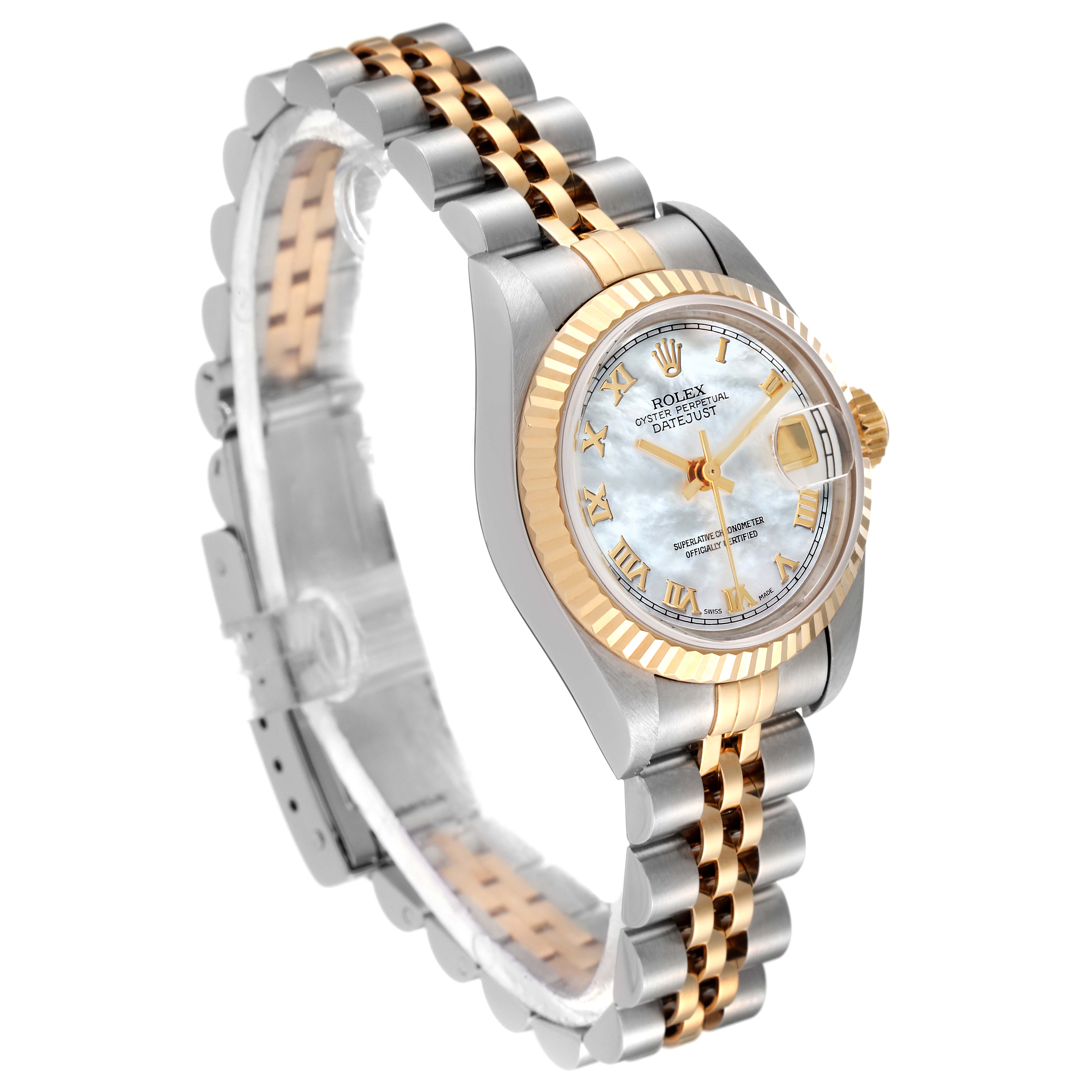 This is a Rolex Datejust 69173 Women
s Steel and Gold (two tone) Mother of Pearl Dial 69173 Women
s Steel and Gold (two tone) Mother of Pearl Dial watch shown from an angled side view, highlighting the dial, bezel, and bracelet.