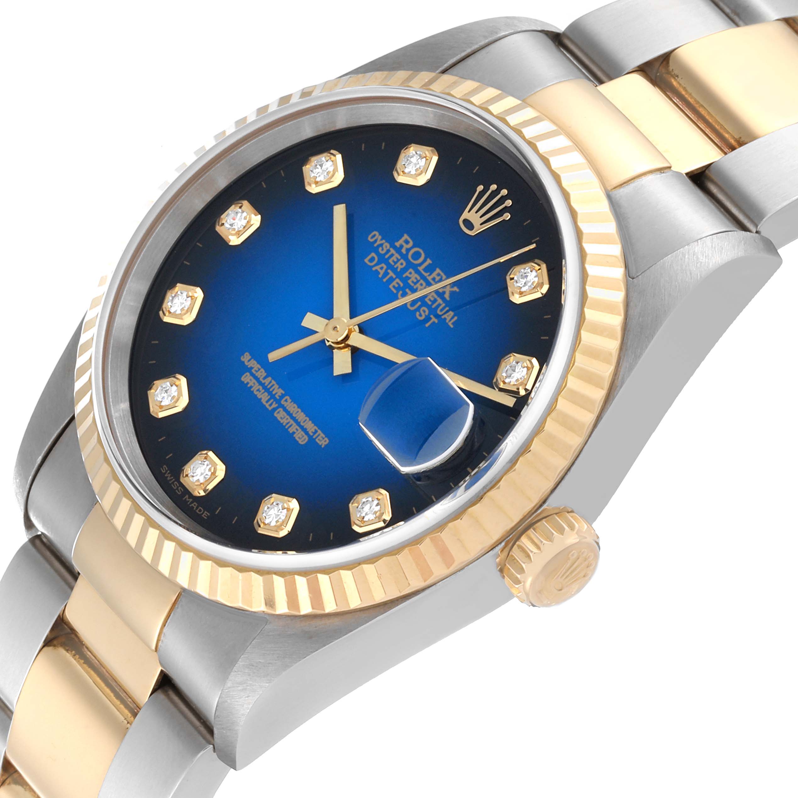 This image shows the face and part of the bracelet of a Rolex Datejust 16233 Men's Steel and Gold (two tone) Blue Dial 16233 Men's Steel and Gold (two tone) Blue Dial watch at an angled view.