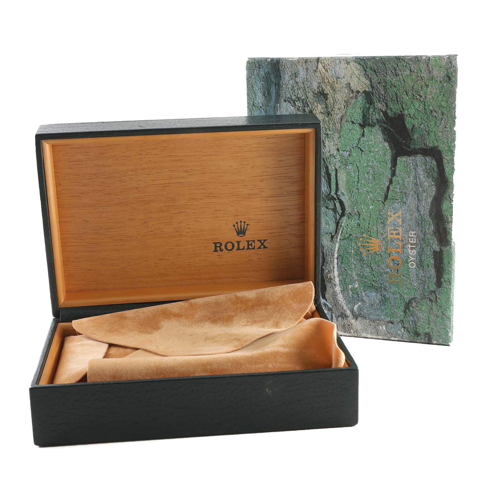 The image shows a Rolex Datejust 16233 Men's Steel and Gold (two tone) Blue Dial 16233 Men's Steel and Gold (two tone) Blue Dial watch box with an outer green Rolex Oyster box and an inner velvet cushion.