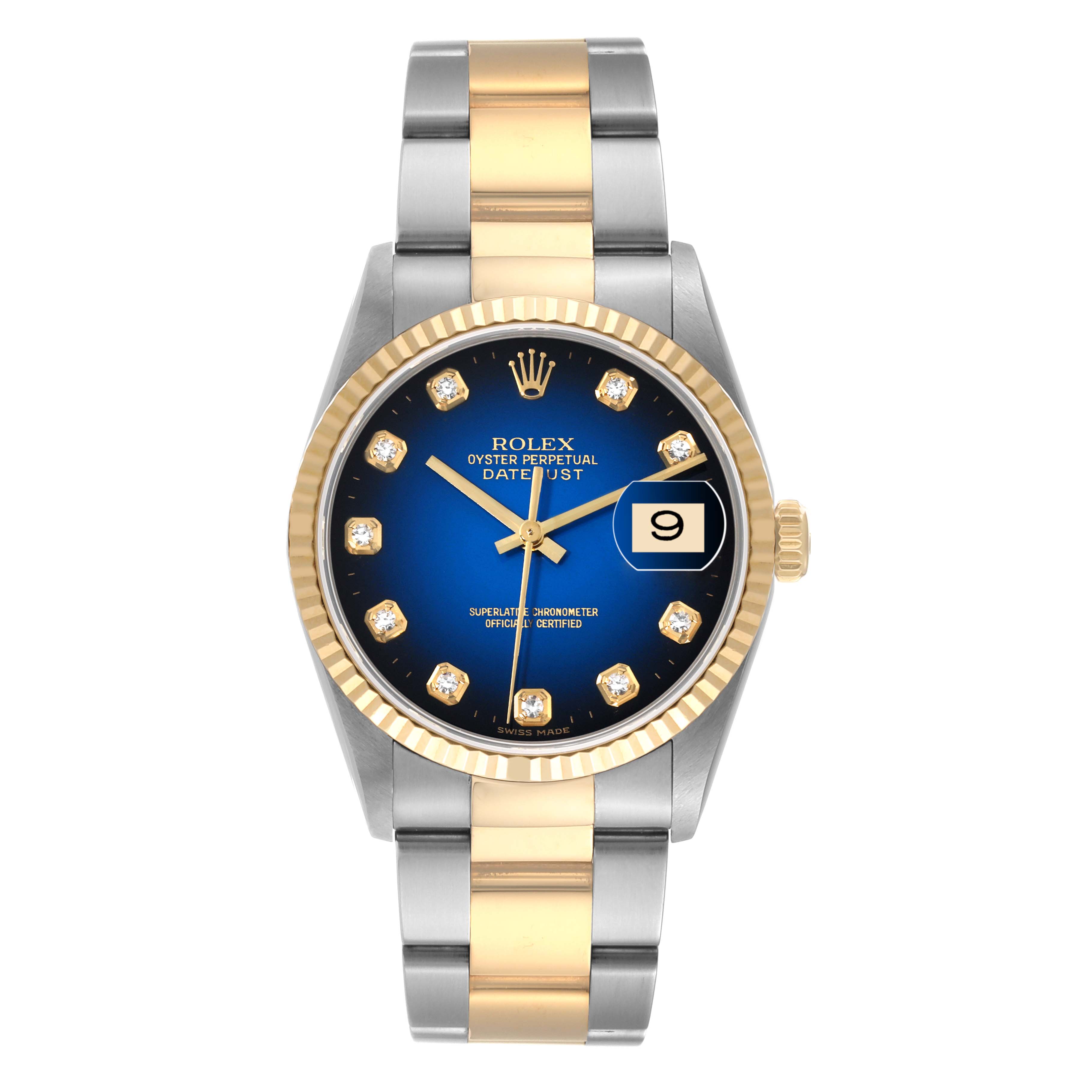 The Rolex Datejust 16233 Men's Steel and Gold (two tone) Blue Dial 16233 Men's Steel and Gold (two tone) Blue Dial watch is shown from a front angle, displaying its face, bezel, and band.