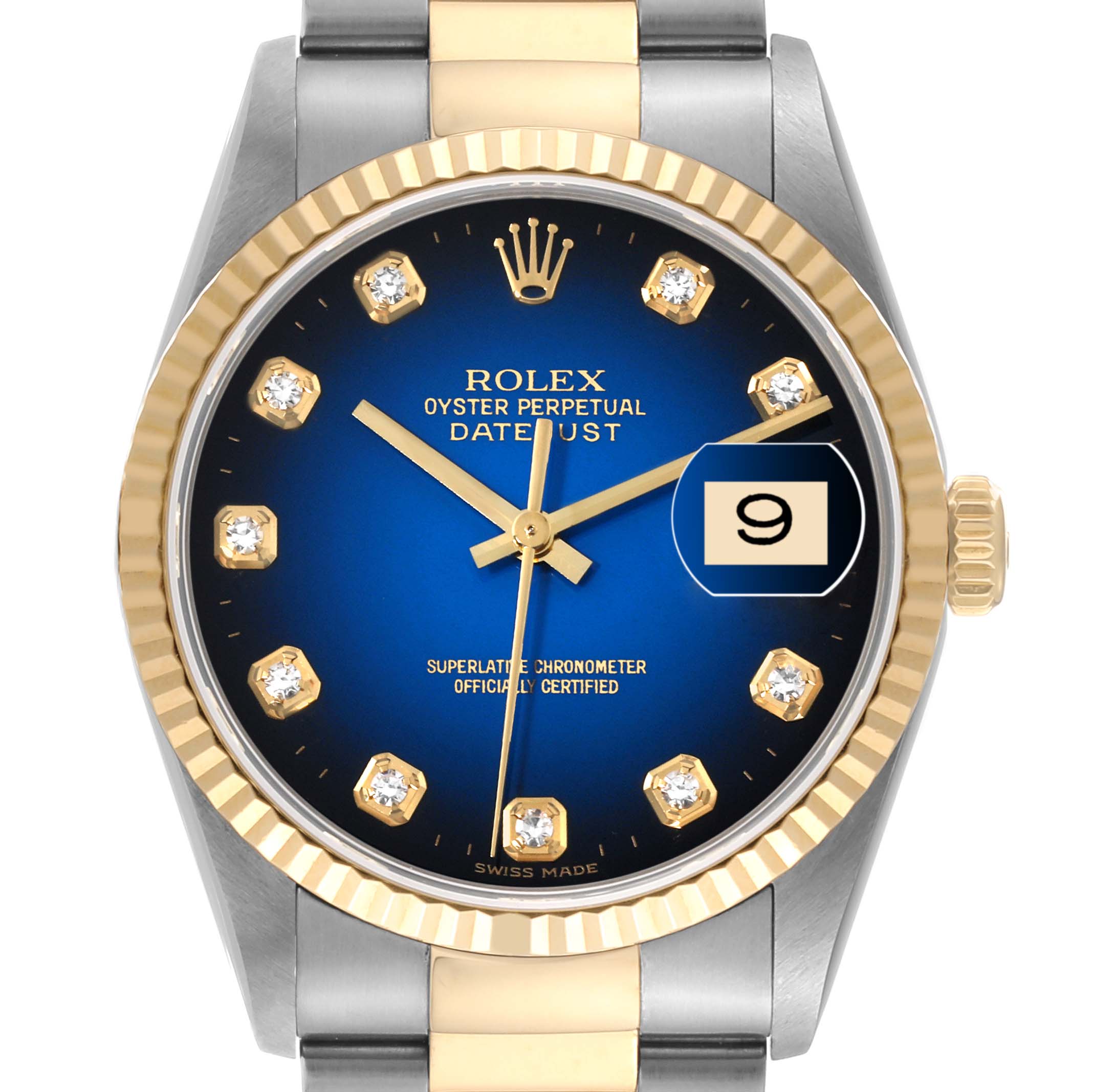 This image shows a front view of the Rolex Datejust 16233 Men's Steel and Gold (two tone) Blue Dial 16233 Men's Steel and Gold (two tone) Blue Dial watch, highlighting its blue dial, gold markers, and date display.