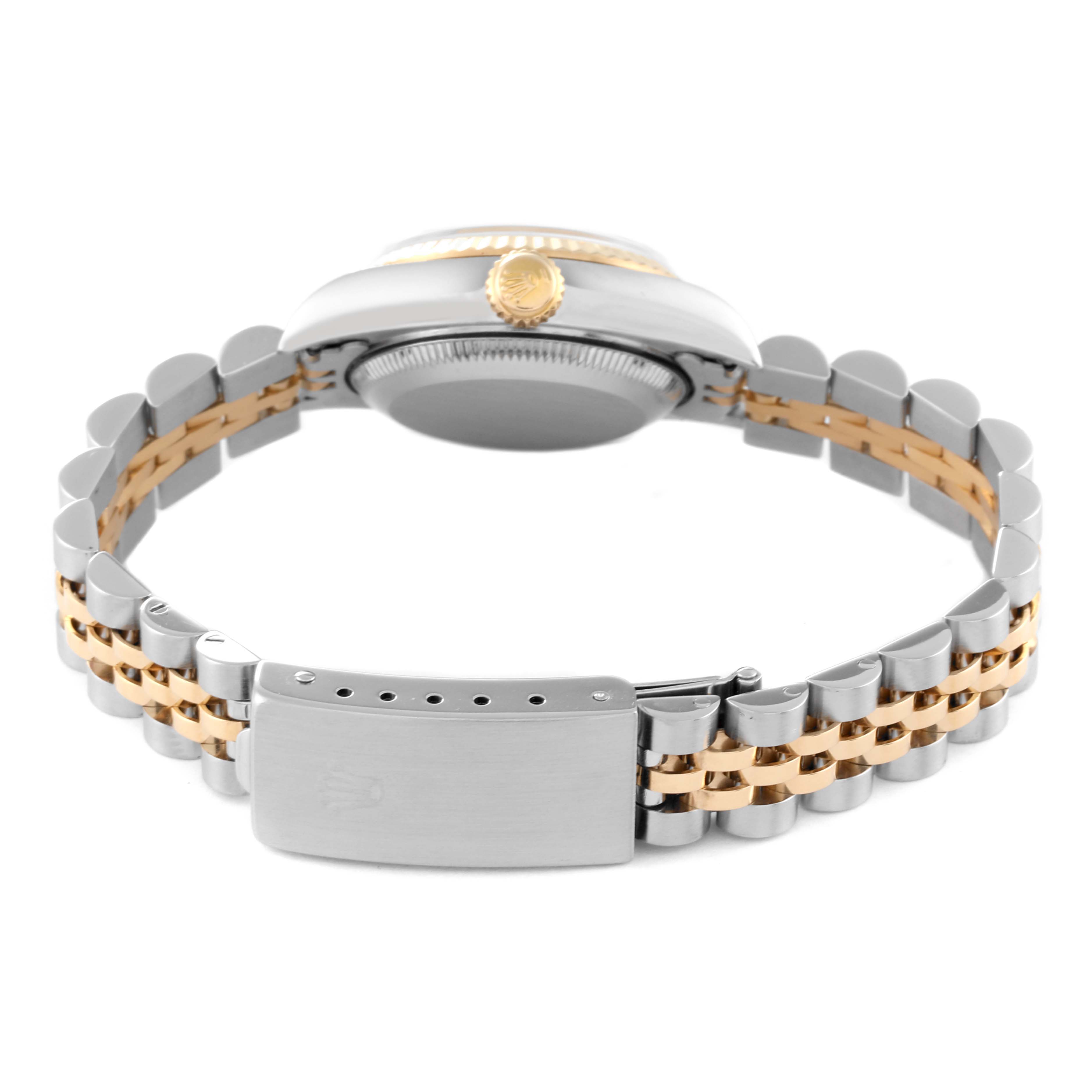 The image shows the back of a Rolex Datejust 79173 Women
s Steel and Gold (two tone) Blue Dial 79173 Women
s Steel and Gold (two tone) Blue Dial watch, highlighting the bracelet and clasp.