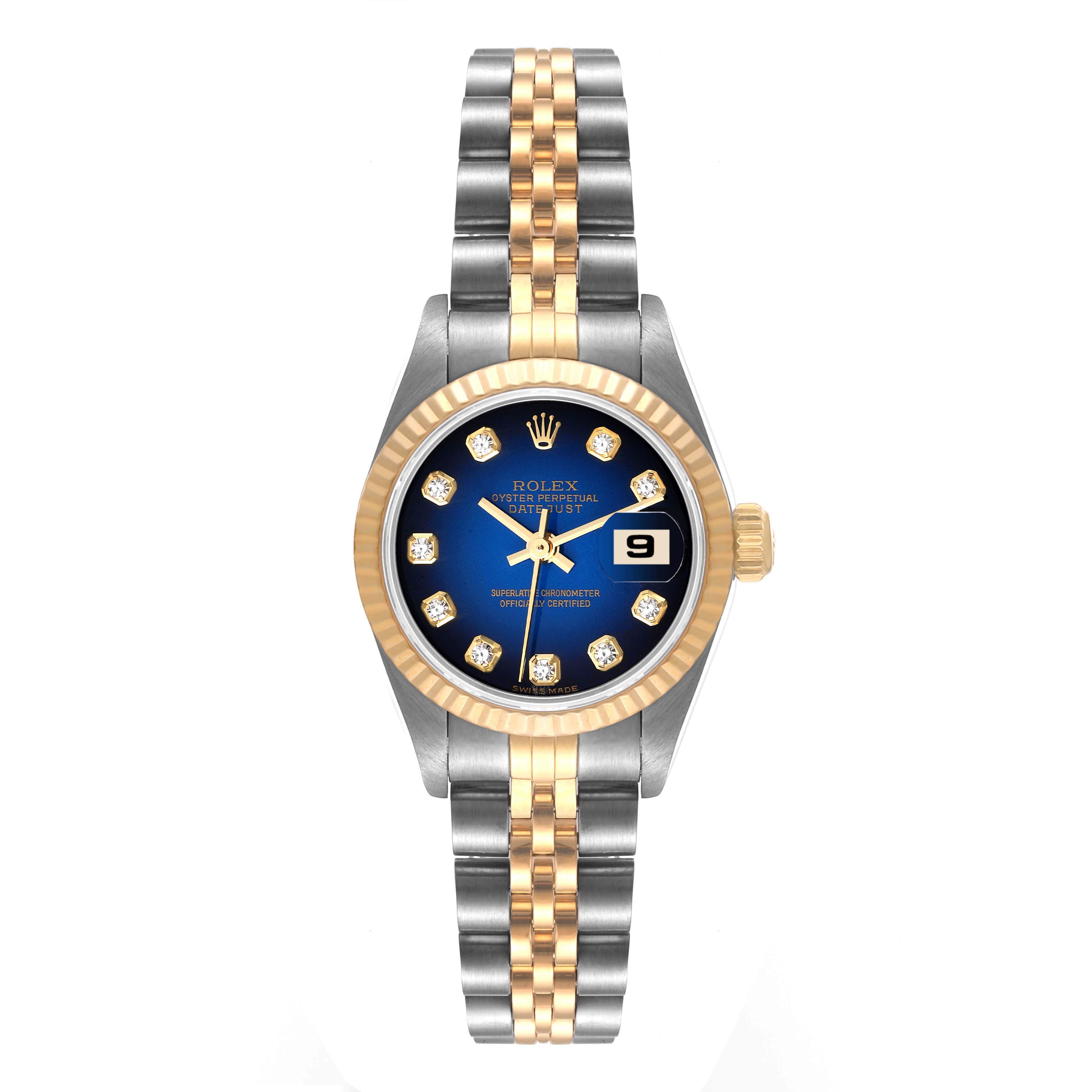 This image shows a front view of a Rolex Datejust 79173 Women
s Steel and Gold (two tone) Blue Dial 79173 Women
s Steel and Gold (two tone) Blue Dial watch, displaying its dial, bezel, case, and bracelet.