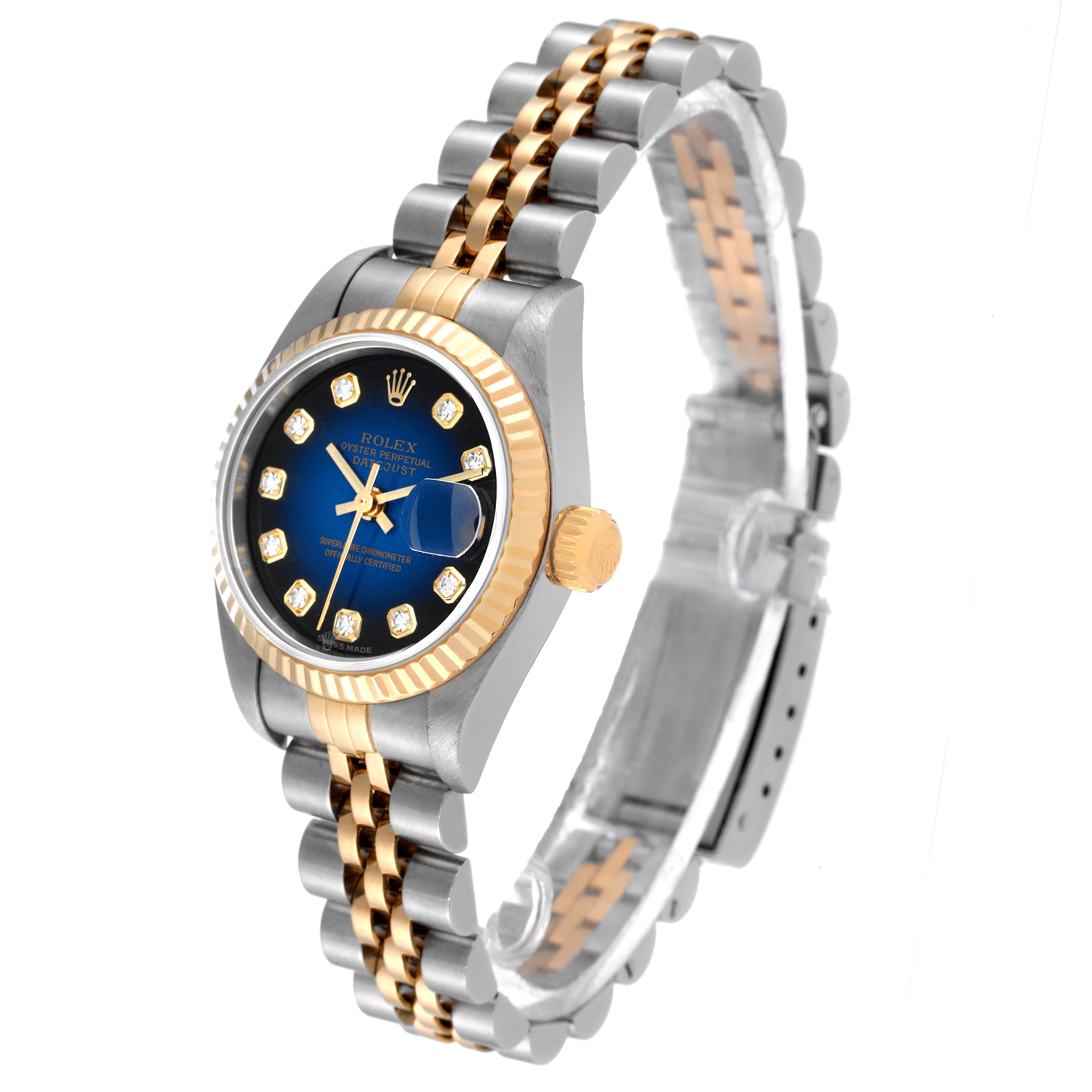 The Rolex Datejust 79173 Women
s Steel and Gold (two tone) Blue Dial 79173 Women
s Steel and Gold (two tone) Blue Dial watch is shown from a slight angle, highlighting its face, bezel, and two-tone bracelet.