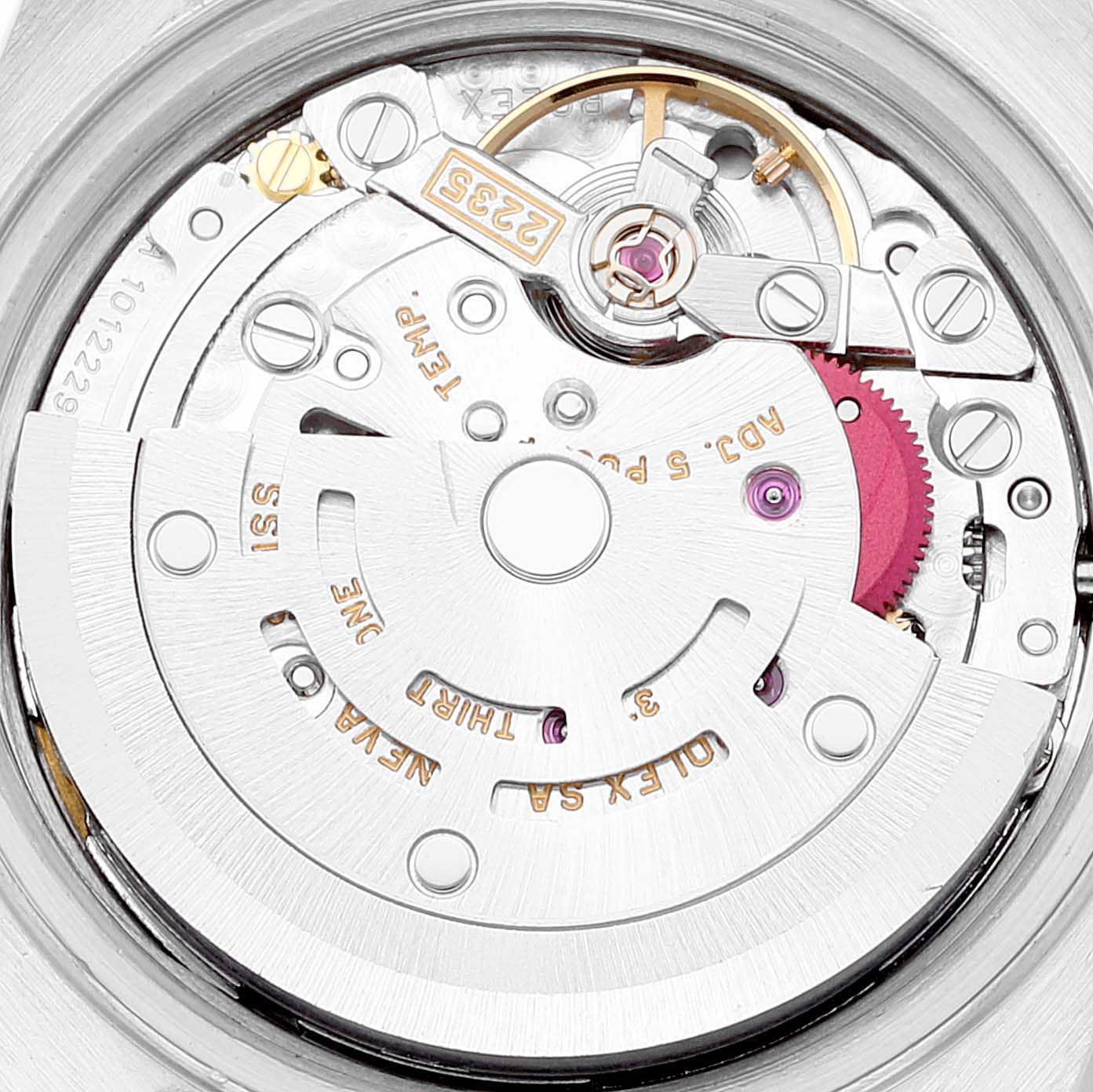 This image shows a close-up view of the movement inside a Rolex Datejust 79173 Women
s Steel and Gold (two tone) Blue Dial 79173 Women
s Steel and Gold (two tone) Blue Dial watch, including detailed mechanical parts and engravings.
