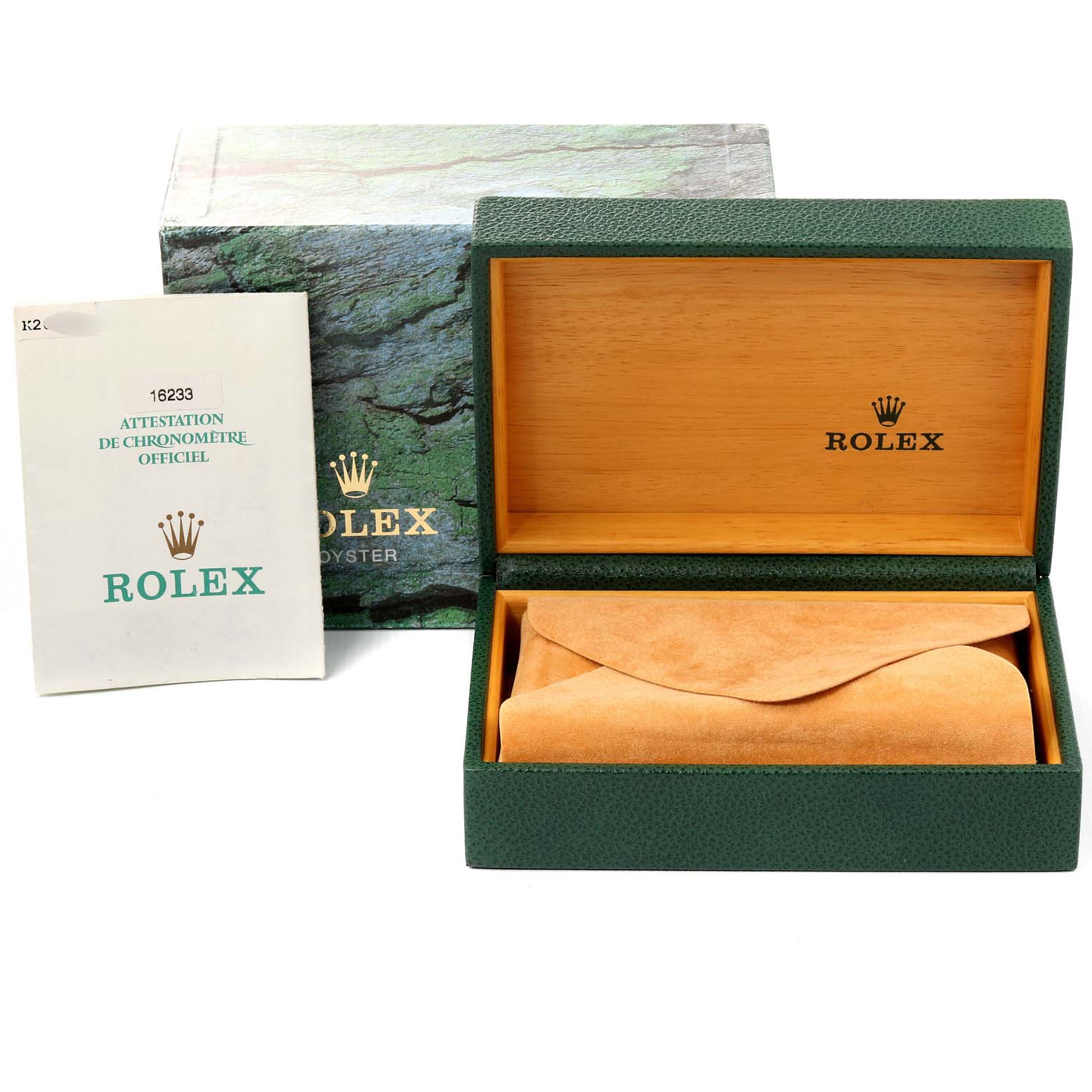 The image shows the packaging for a Rolex Datejust 16233 Men's Steel and Gold (two tone) White Dial 16233 Men's Steel and Gold (two tone) White Dial model, including an open green and wood watch box and a certificate booklet.