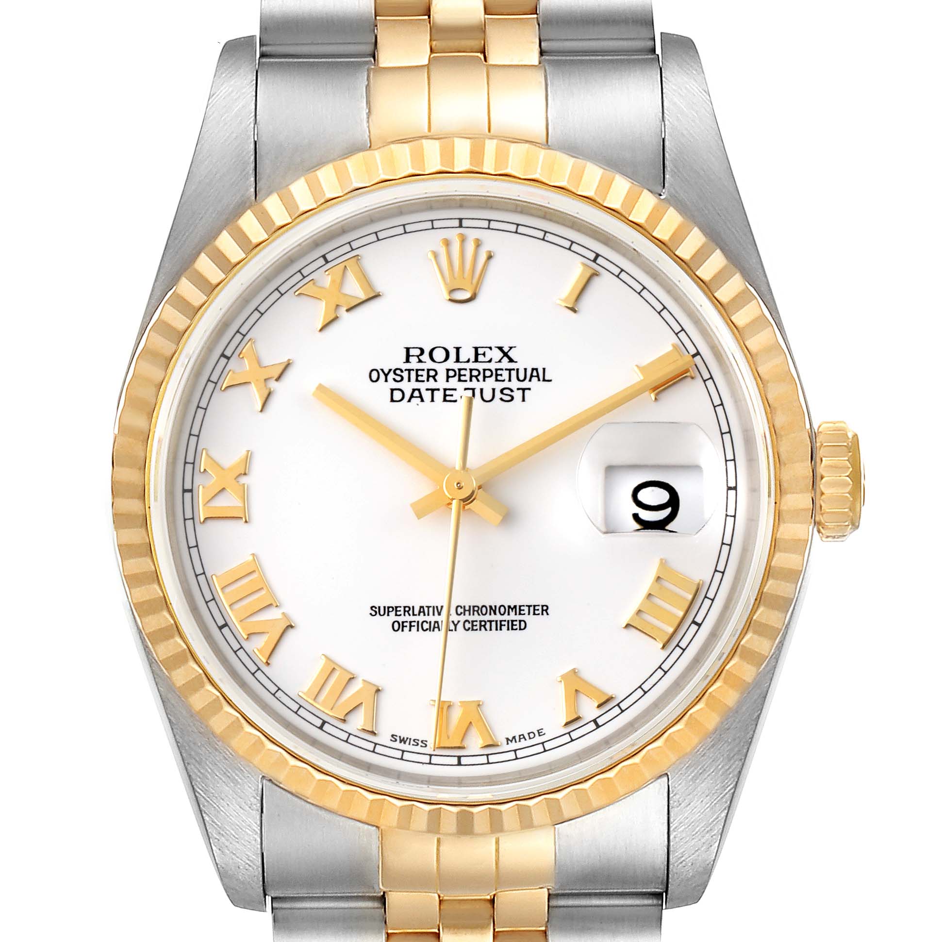 The image features a frontal view of a Rolex Datejust 16233 Men's Steel and Gold (two tone) White Dial 16233 Men's Steel and Gold (two tone) White Dial watch, showcasing the dial, bezel, and bracelet.