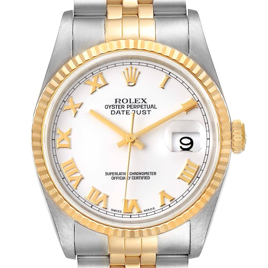 Rolex Datejust Steel Yellow Gold White Roman Dial Mens Watch 16233 Box Papers SwissWatchExpo