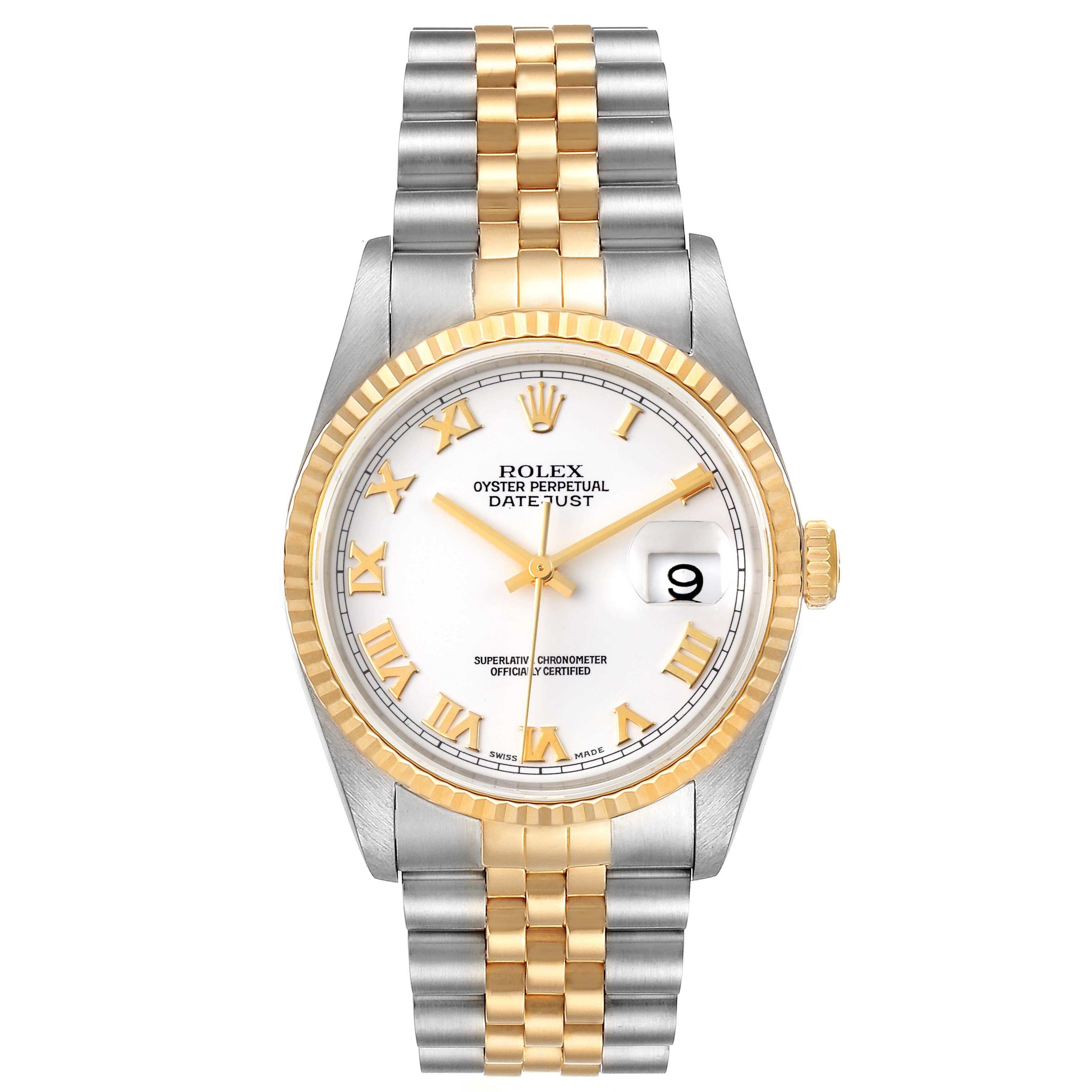 This image shows a Rolex Datejust 16233 Men's Steel and Gold (two tone) White Dial 16233 Men's Steel and Gold (two tone) White Dial watch, featuring a two-tone bracelet, a fluted bezel, and a white dial with Roman numerals.
