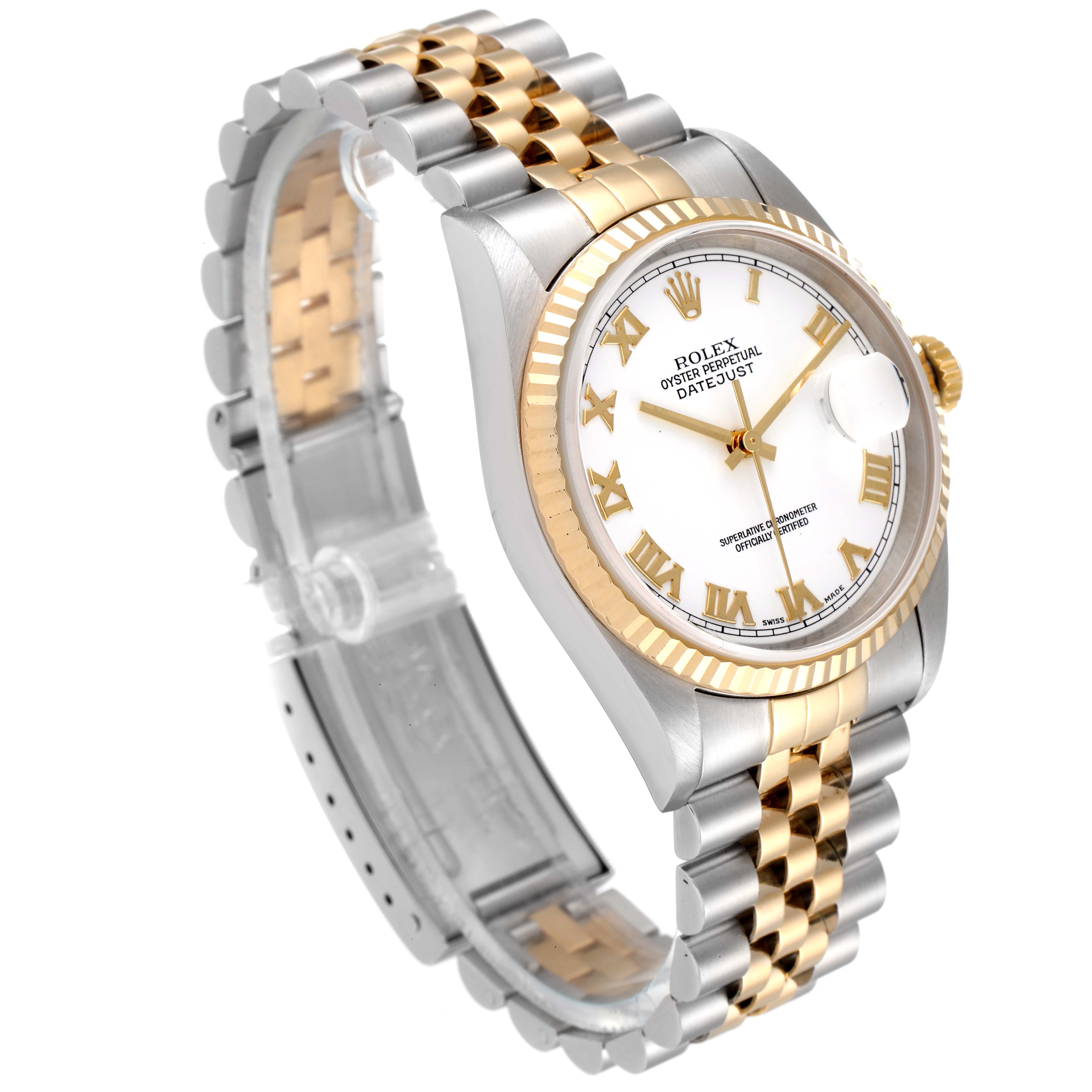 The image shows a Rolex Datejust 16233 Men's Steel and Gold (two tone) White Dial 16233 Men's Steel and Gold (two tone) White Dial model watch at a three-quarter angle, highlighting the face, bezel, and jubilee bracelet.