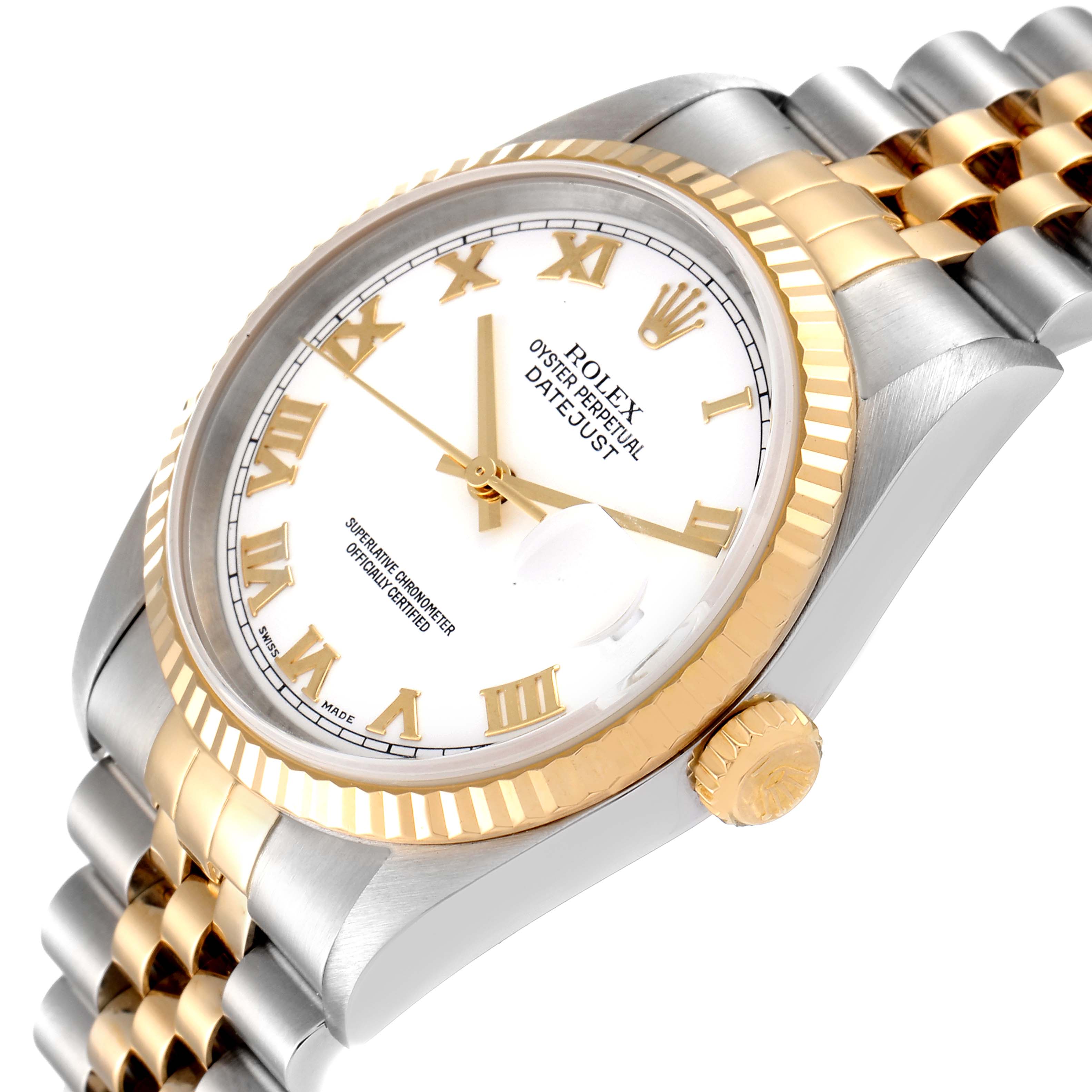 This image shows a Rolex Datejust 16233 Men's Steel and Gold (two tone) White Dial 16233 Men's Steel and Gold (two tone) White Dial watch at an angled side view, highlighting the watch face, bezel, crown, and part of the bracelet.