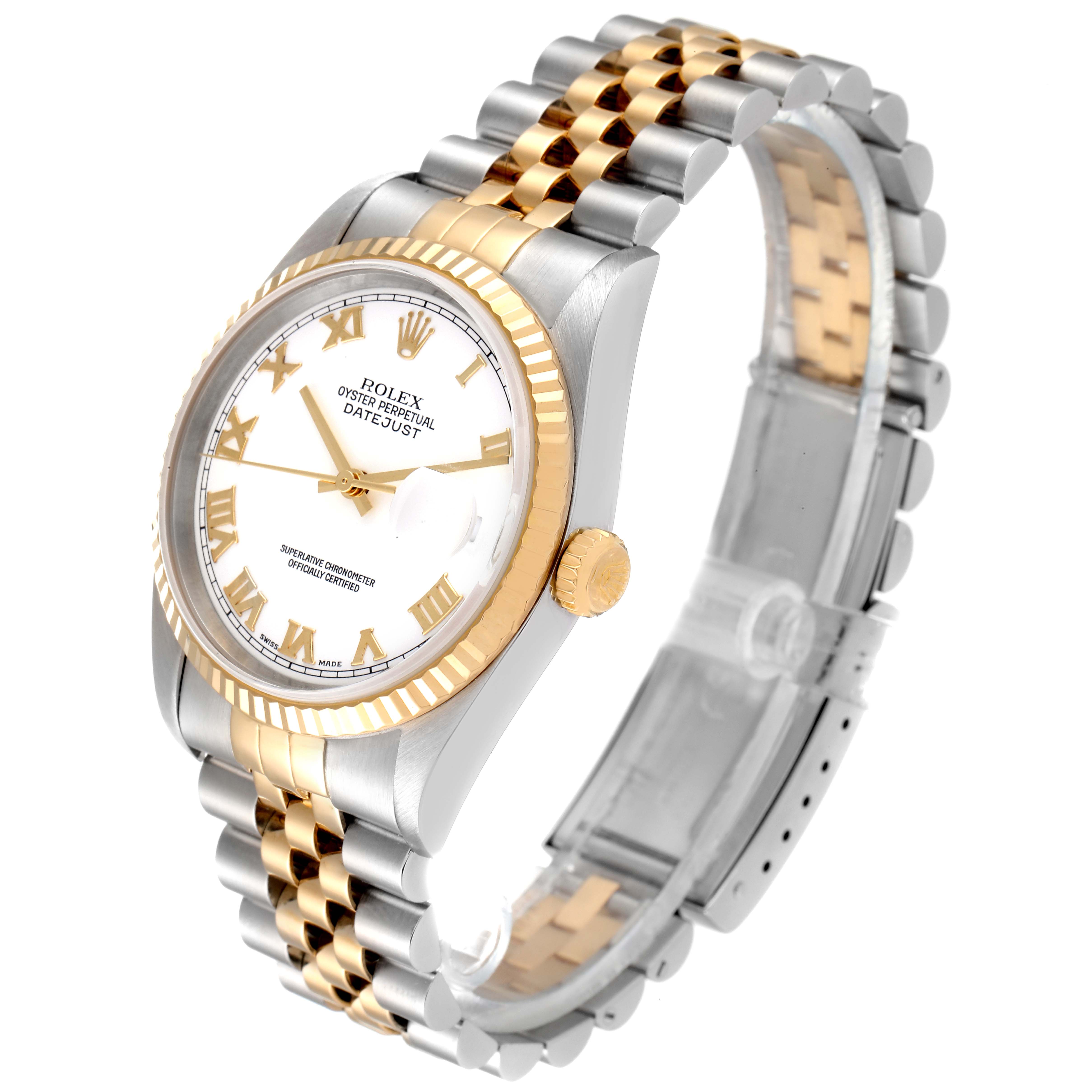 This image shows a Rolex Datejust 16233 Men's Steel and Gold (two tone) White Dial 16233 Men's Steel and Gold (two tone) White Dial watch at a three-quarter angle, highlighting its gold and stainless steel bracelet, bezel, and crown.